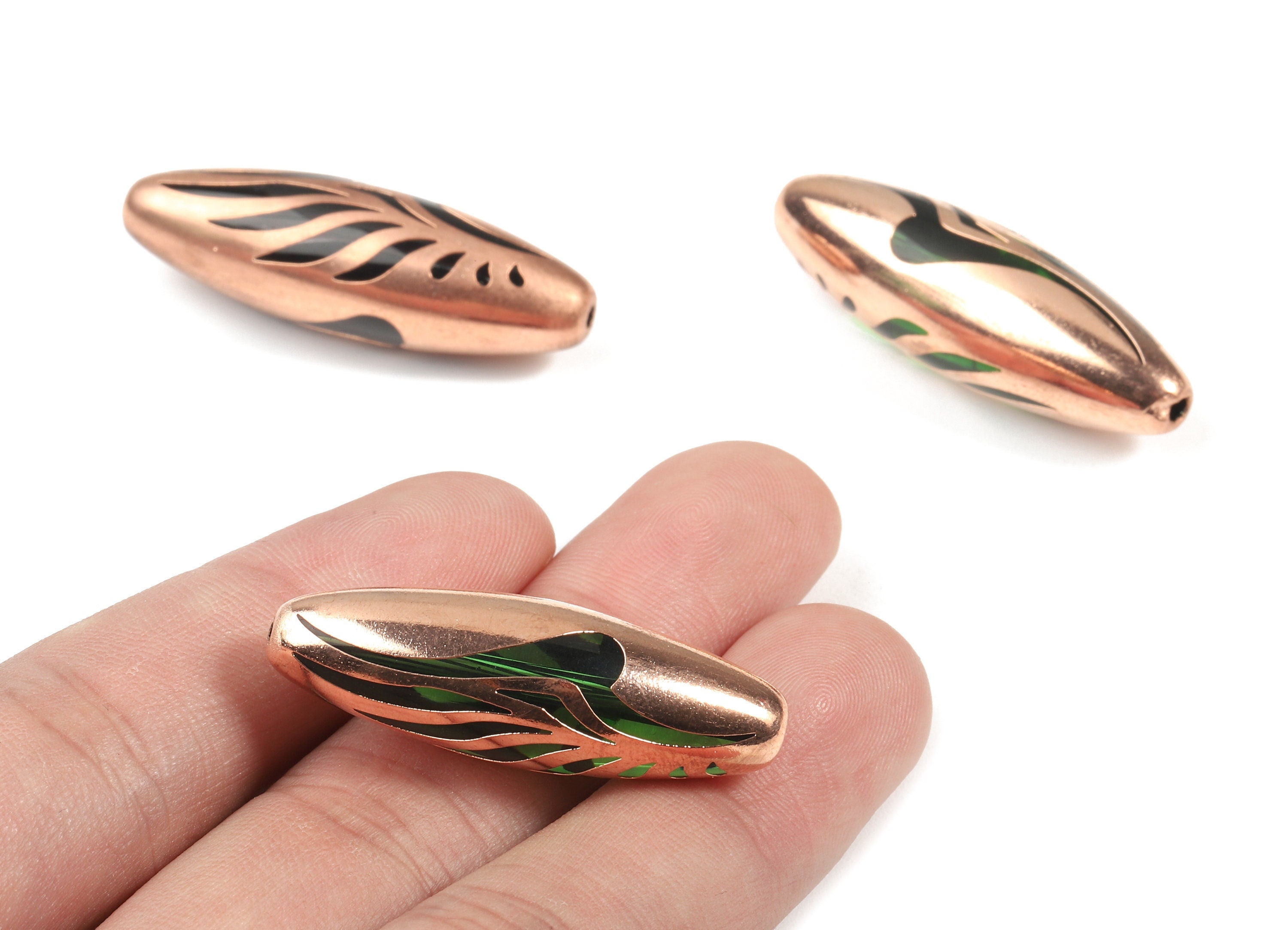 Glass Oval Charms - Copper Finished Glass Tribal Pendant - Copper And Glass Charms - Jewelry Supplies - 39.92x12.36x11.94mm - GS1028 - DOMEDBAZAAR