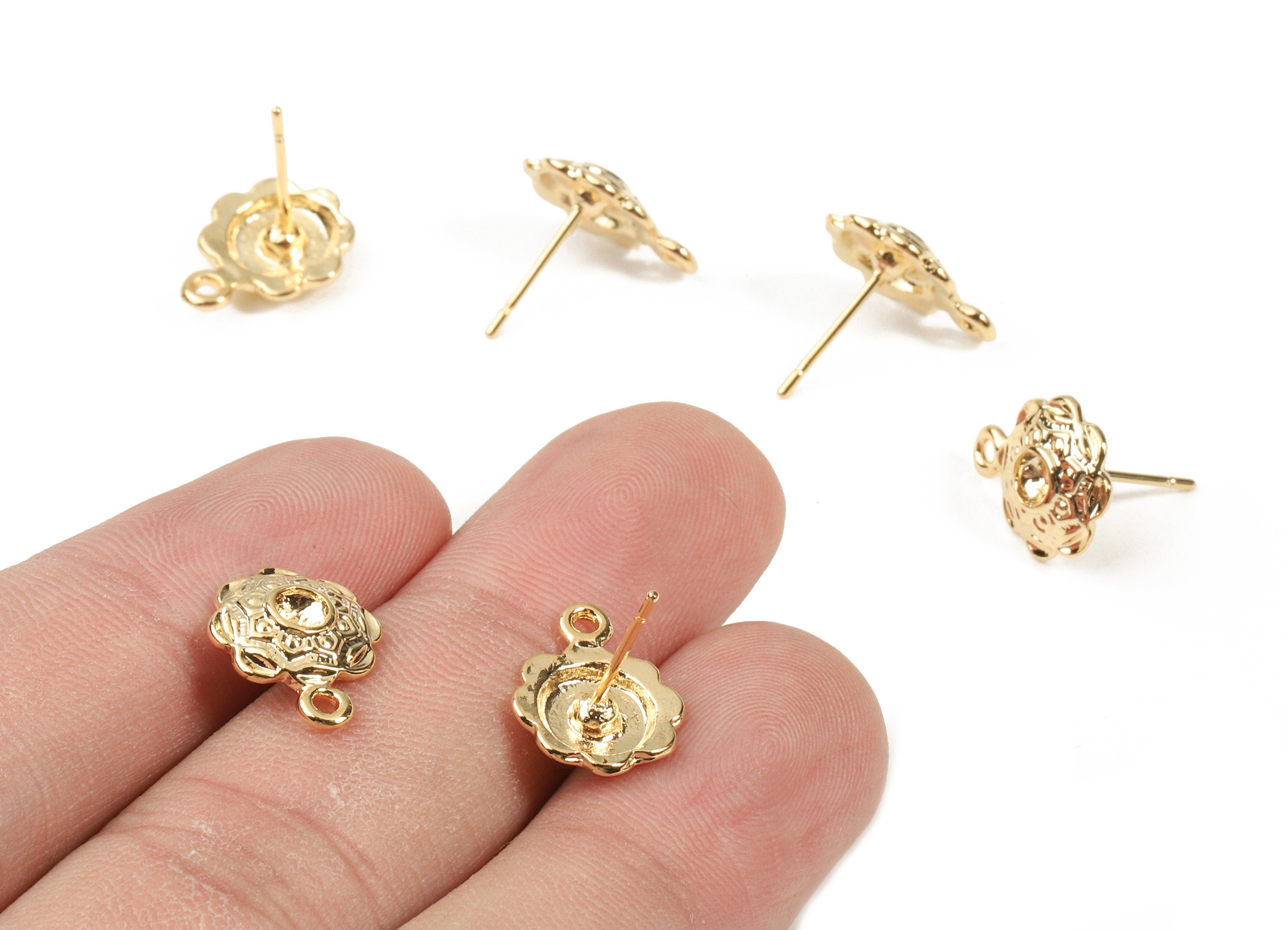 Alloy Flower Earring post - Alloy Earring Stud With Loop - 18K Real Gold Plated Stud - Jewelry Supplies - 13.48x10.64x1.38mm - RGP2307 - DOMEDBAZAAR