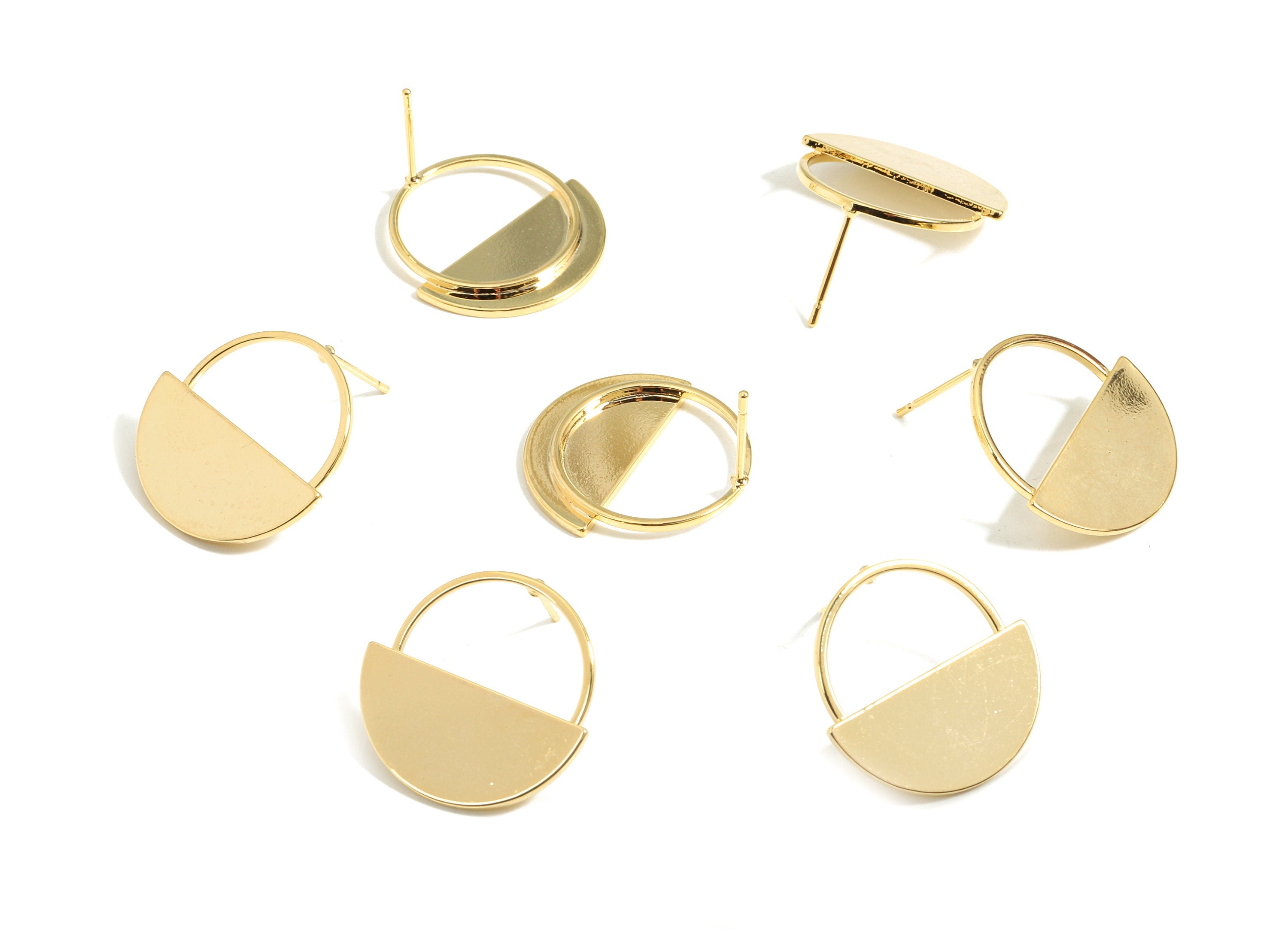 Brass Half Moon Earring Post - Gold Semi Circle Earring Stud - 18K Real Gold Plated Brass - Surgical Stud - 22.15x22x2.15mm - RGP2604 - DOMEDBAZAAR
