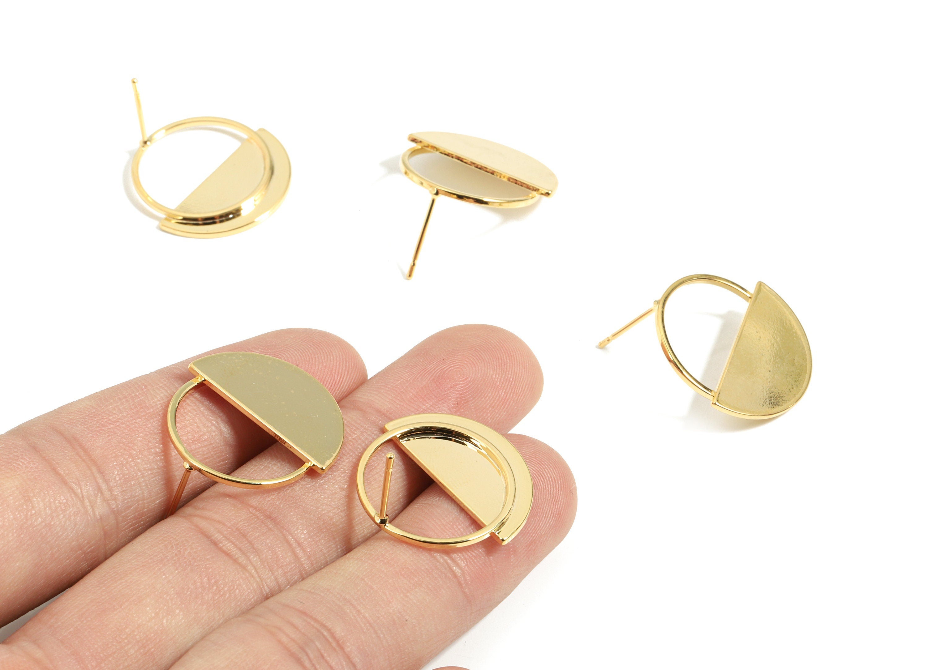 Brass Half Moon Earring Post - Gold Semi Circle Earring Stud - 18K Real Gold Plated Brass - Surgical Stud - 22.15x22x2.15mm - RGP2604 - DOMEDBAZAAR