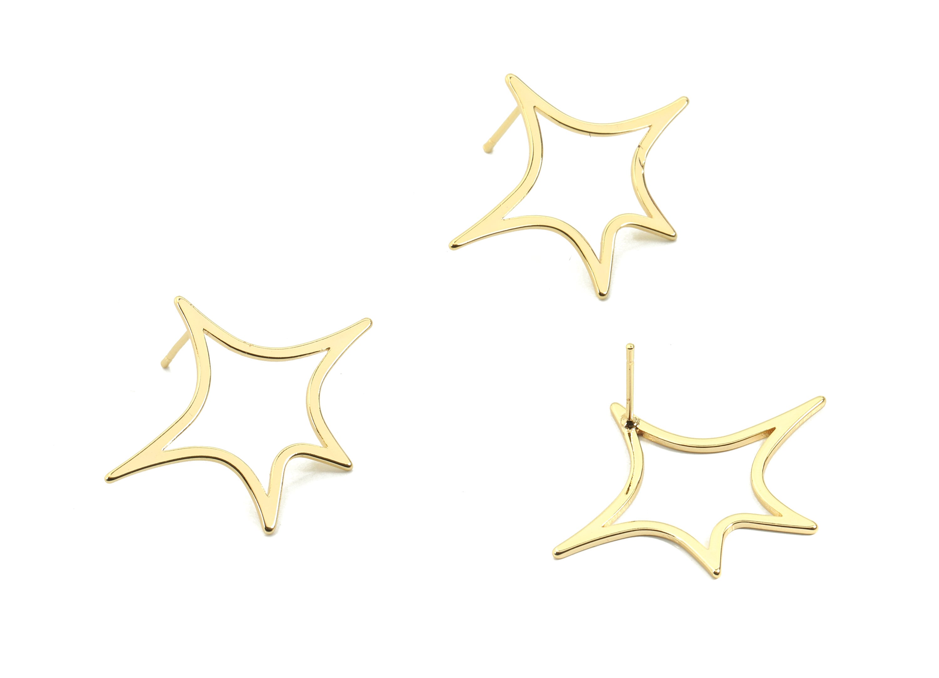 Brass Star Earring Post - Gold Star Earring Stud - 18K Real Gold Plated Brass - Surgical Stud - Jewelry Supplies - 35.39x26.52x1mm - RGP2605 - DOMEDBAZAAR