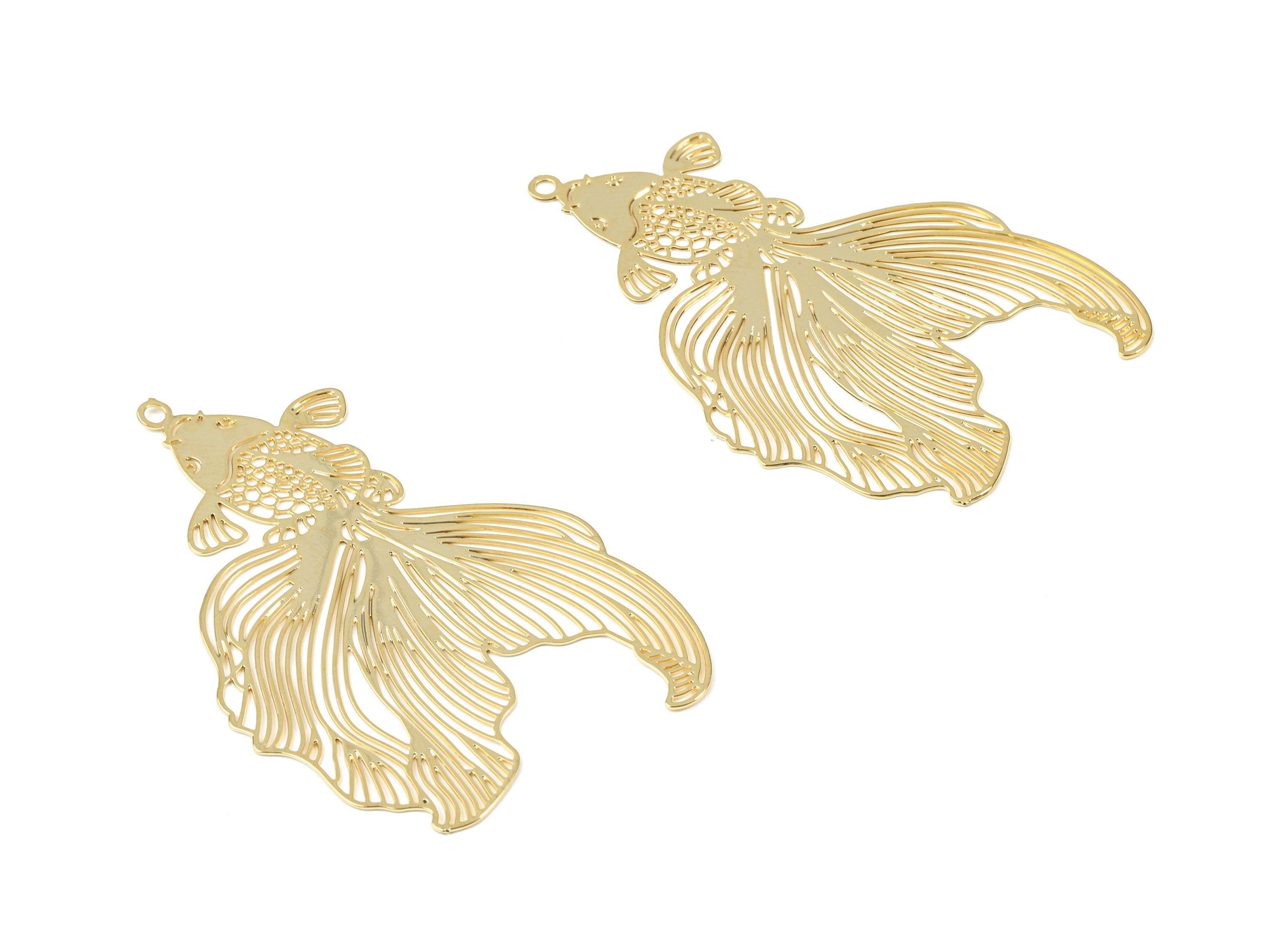 Brass Goldfish Earring Charms - Gold Lattice Pendant - 18K Real Gold Plated Brass - Jewelry Supplies - 49.15x30.82x0.38mm - RGP2609 - DOMEDBAZAAR