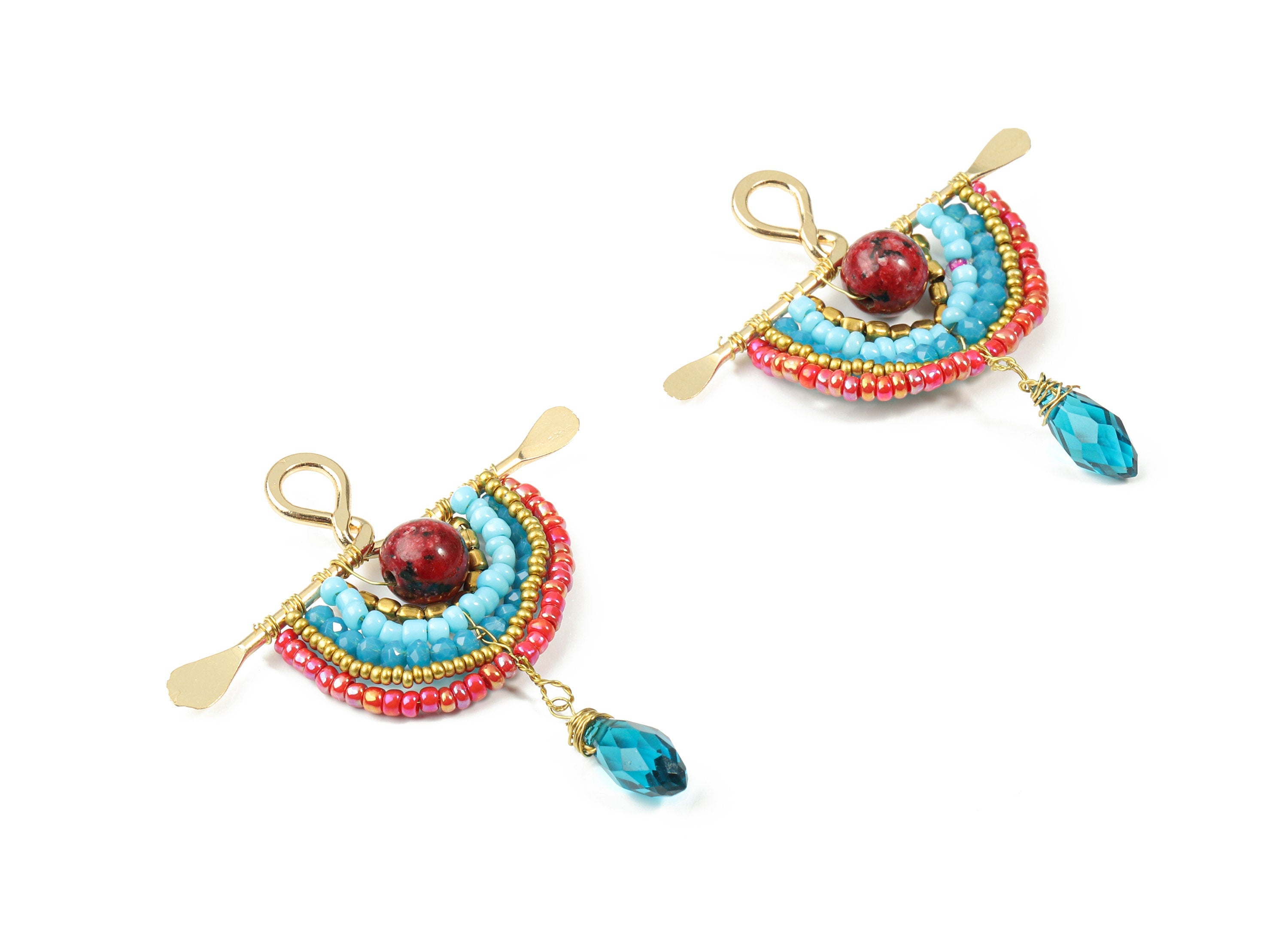 Glass Beaded Brass Semi Circle Earring Charms - Handmade Glass Beaded Hammered Brass  Pendant - Japanese Seed Beads - 57x47x7.5mm - TH1071B - DOMEDBAZAAR