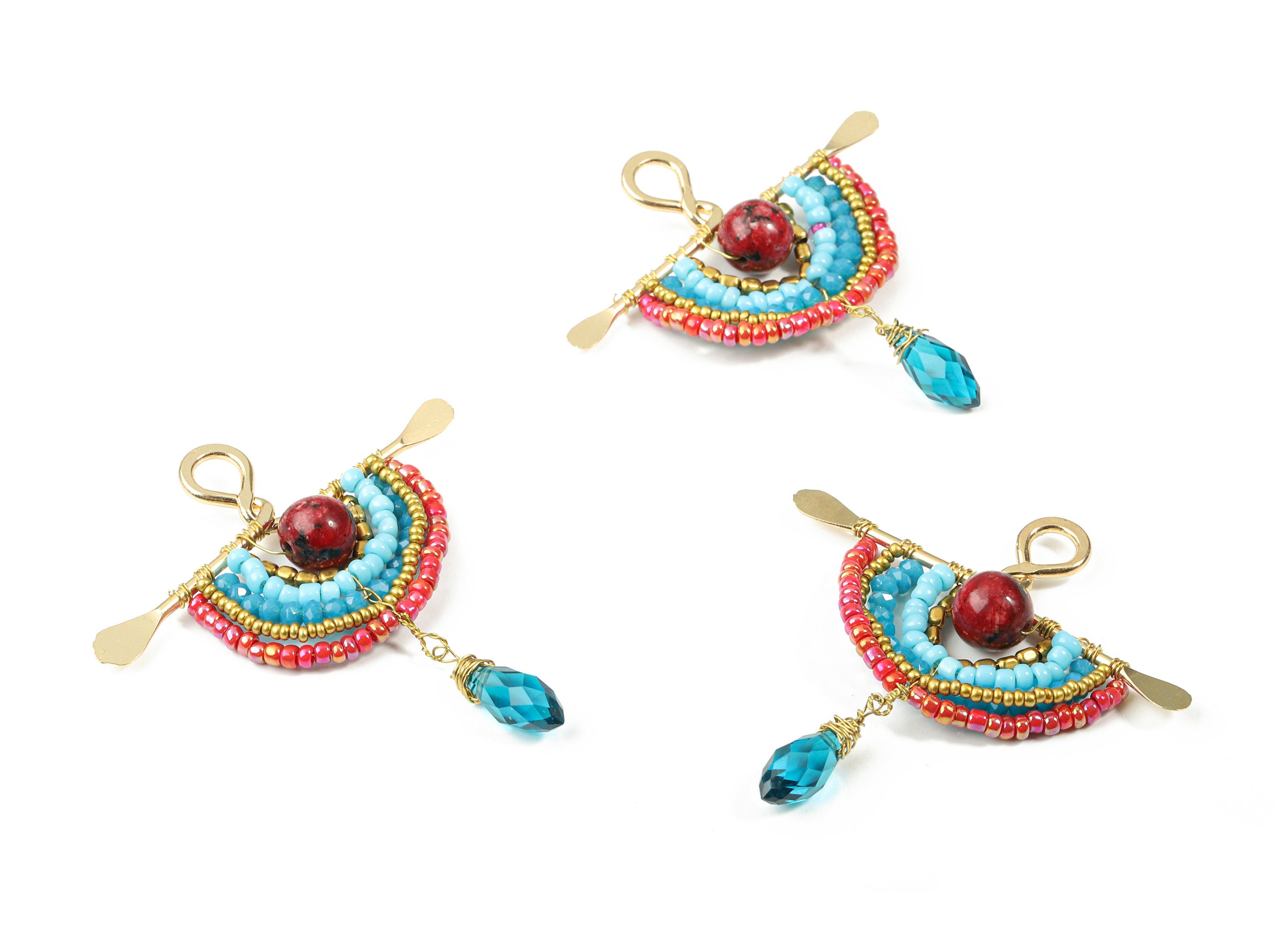 Glass Beaded Brass Semi Circle Earring Charms - Handmade Glass Beaded Hammered Brass  Pendant - Japanese Seed Beads - 57x47x7.5mm - TH1071B - DOMEDBAZAAR