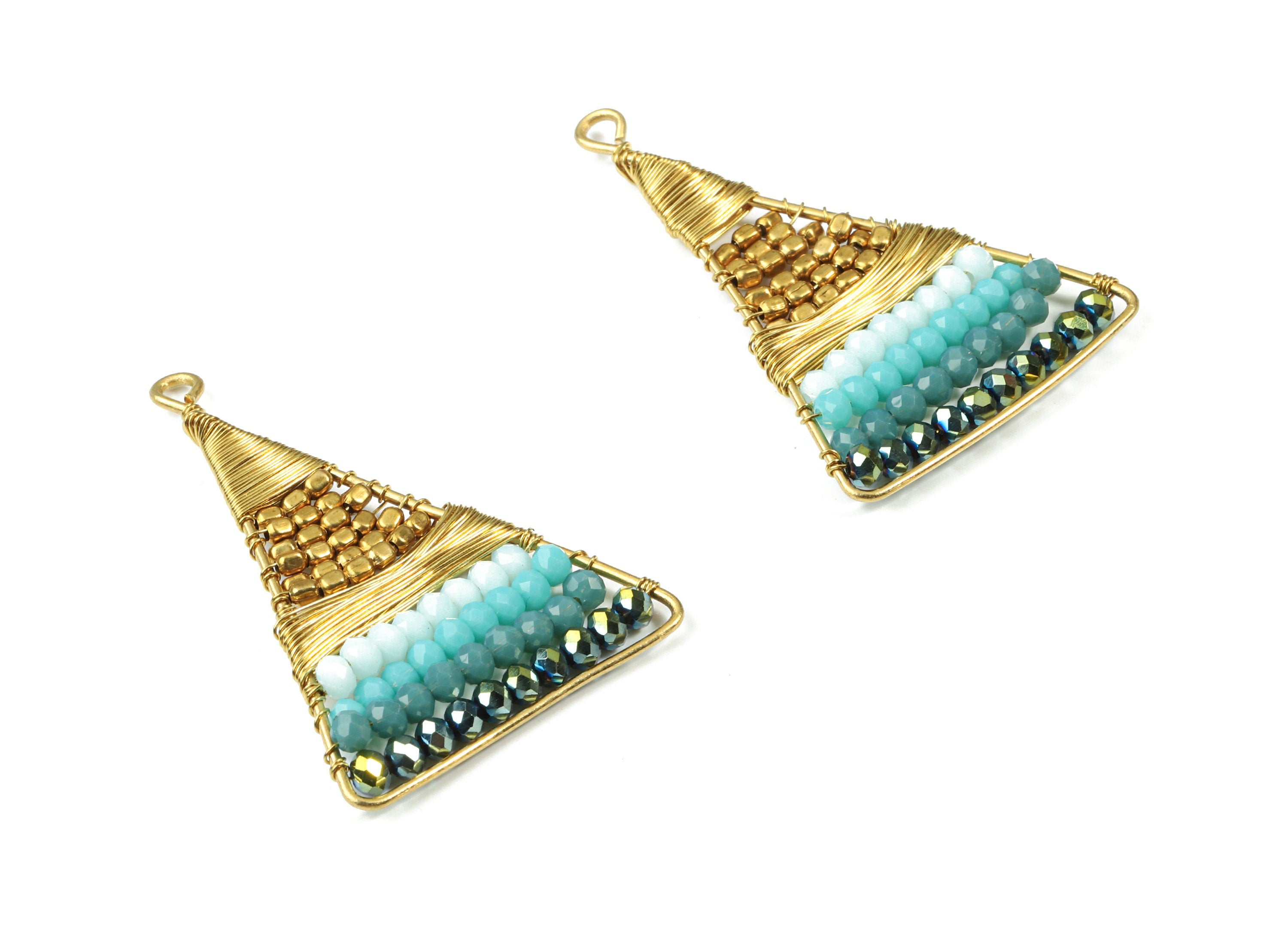 Glass Beaded Brass Triangle Earring Charms - Handmade Glass Beaded Brass - Earring Wire - Japanese Seed Beads - 47.76x31.42x3.37mm - TH1074A - DOMEDBAZAAR