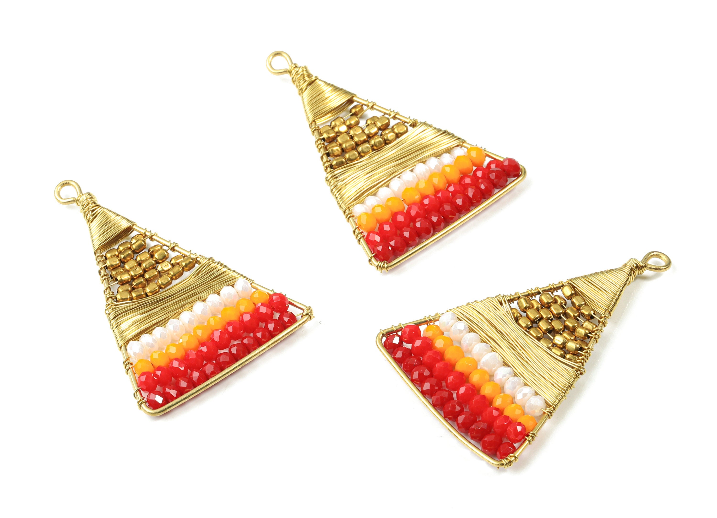 Glass Beaded Brass Triangle Earring Charms - Handmade Glass Beaded Brass - Earring Wire - Japanese Seed Beads - 47.76x31.42x3.37mm - TH1074C - DOMEDBAZAAR