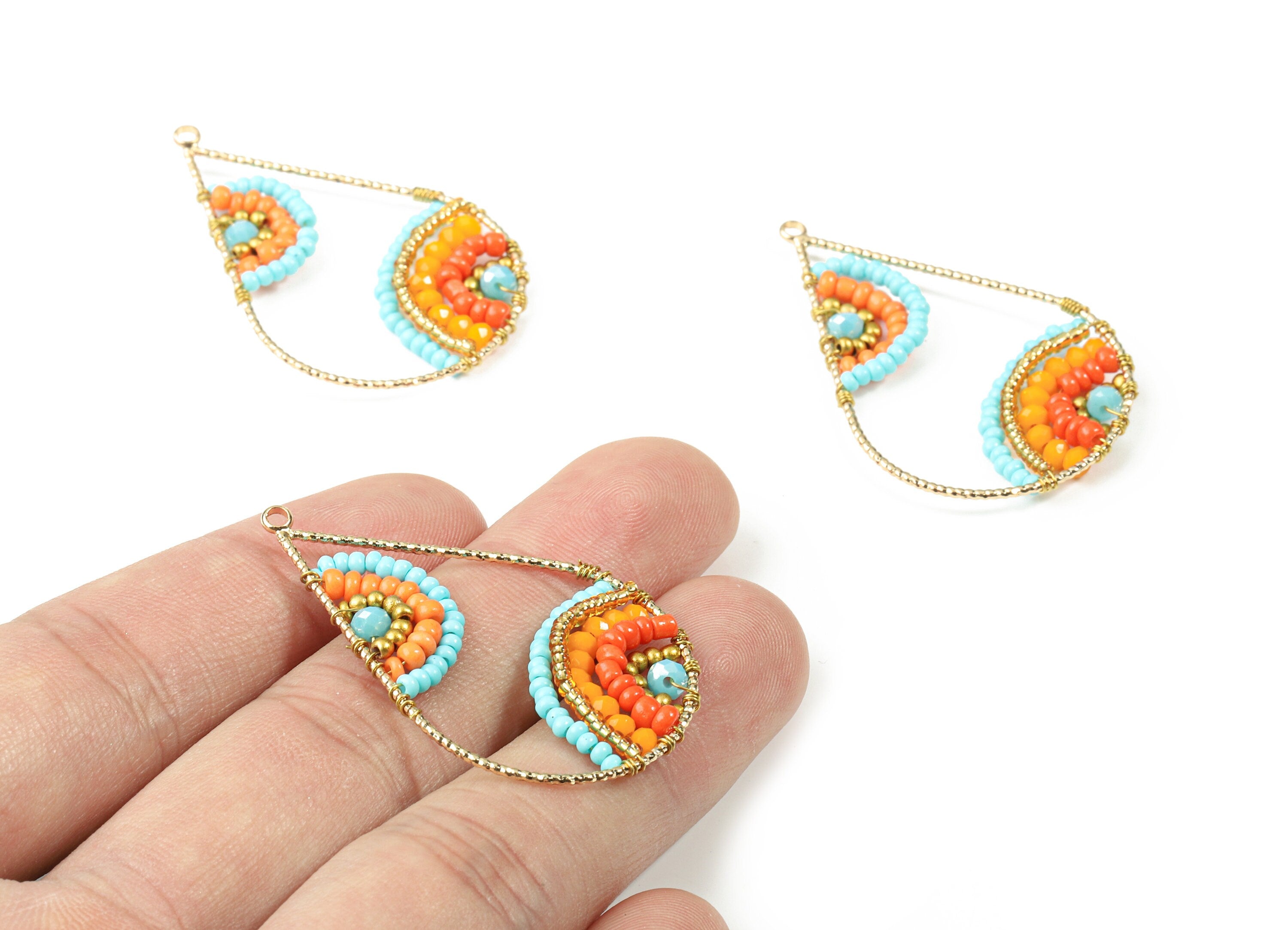 Glass Beaded Brass Drop Earring Charms - Handmade Glass Beaded Brass - Earring Wire - Japanese Seed Beads  - 43.64x28.05x3.75mm - TH1075C - DOMEDBAZAAR
