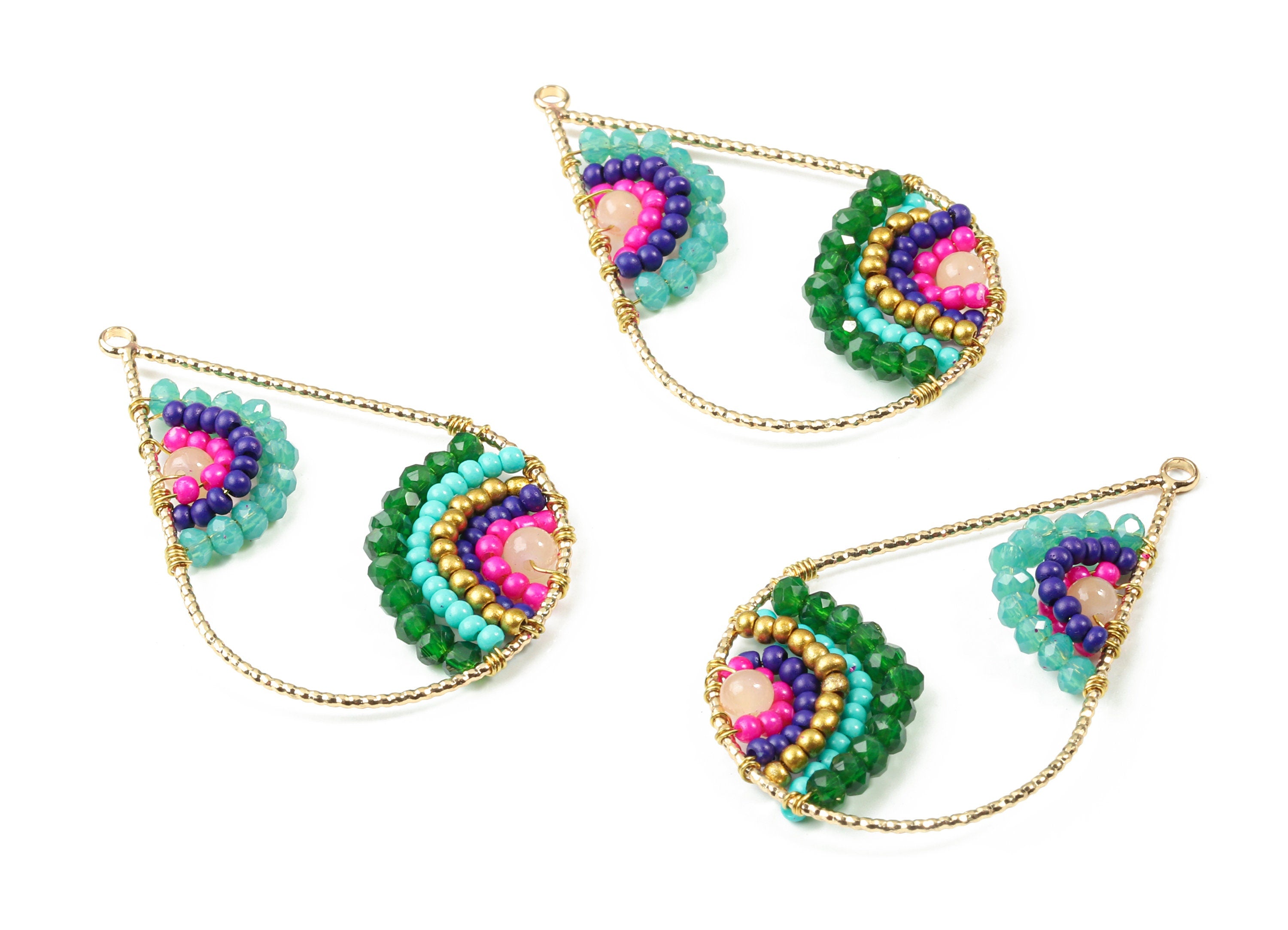 Glass Beaded Brass Drop Earring Charms - Handmade Glass Beaded Brass - Earring Wire - Japanese Seed Beads  - 43.64x28.05x3.75mm - TH1075D - DOMEDBAZAAR