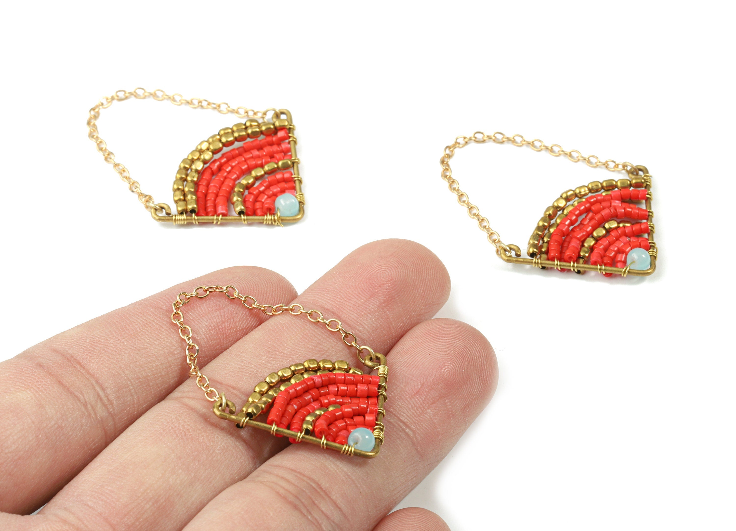 Glass Beaded Brass Triangle Earring Charms - Handmade Glass Beaded Brass - Tassel Chain - Japanese Seed Beads - 45x29.92x3.76mm - TH1076B - DOMEDBAZAAR