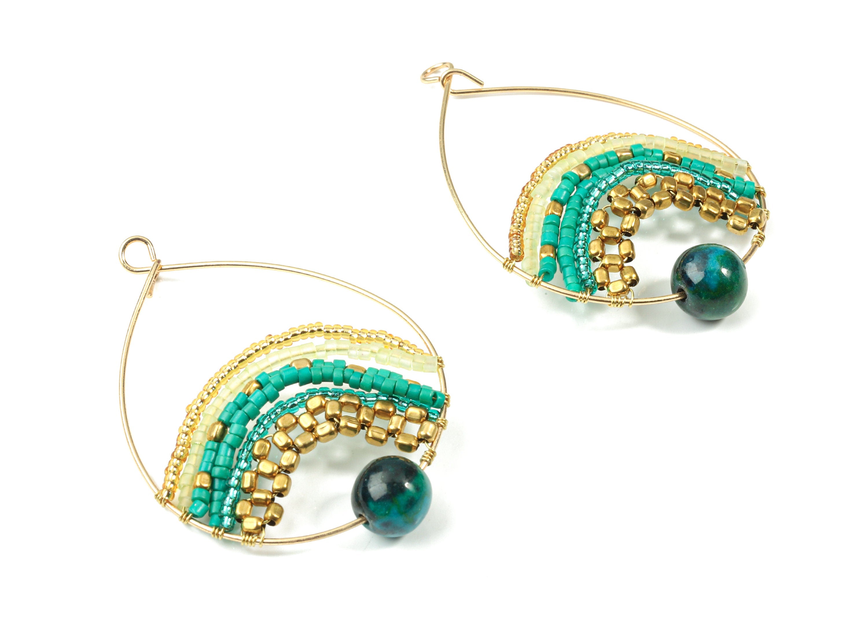 Glass Beaded Brass Drop Earring Charms - Handmade Glass Beaded Brass Earring Wire - Japanese Seed Beads  - 50.46x34.74x8.6mm - TH1078 - DOMEDBAZAAR