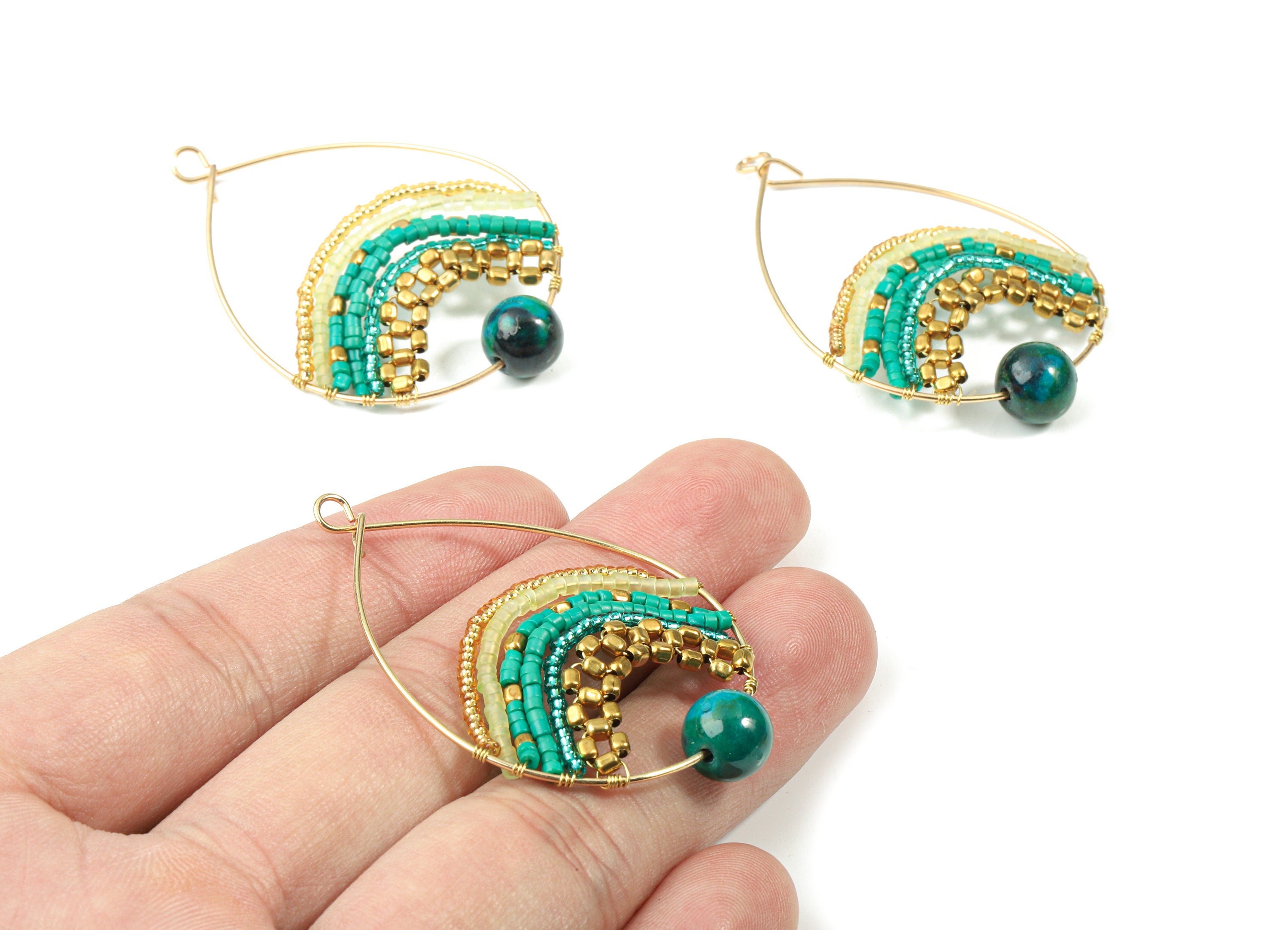 Glass Beaded Brass Drop Earring Charms - Handmade Glass Beaded Brass Earring Wire - Japanese Seed Beads  - 50.46x34.74x8.6mm - TH1078 - DOMEDBAZAAR