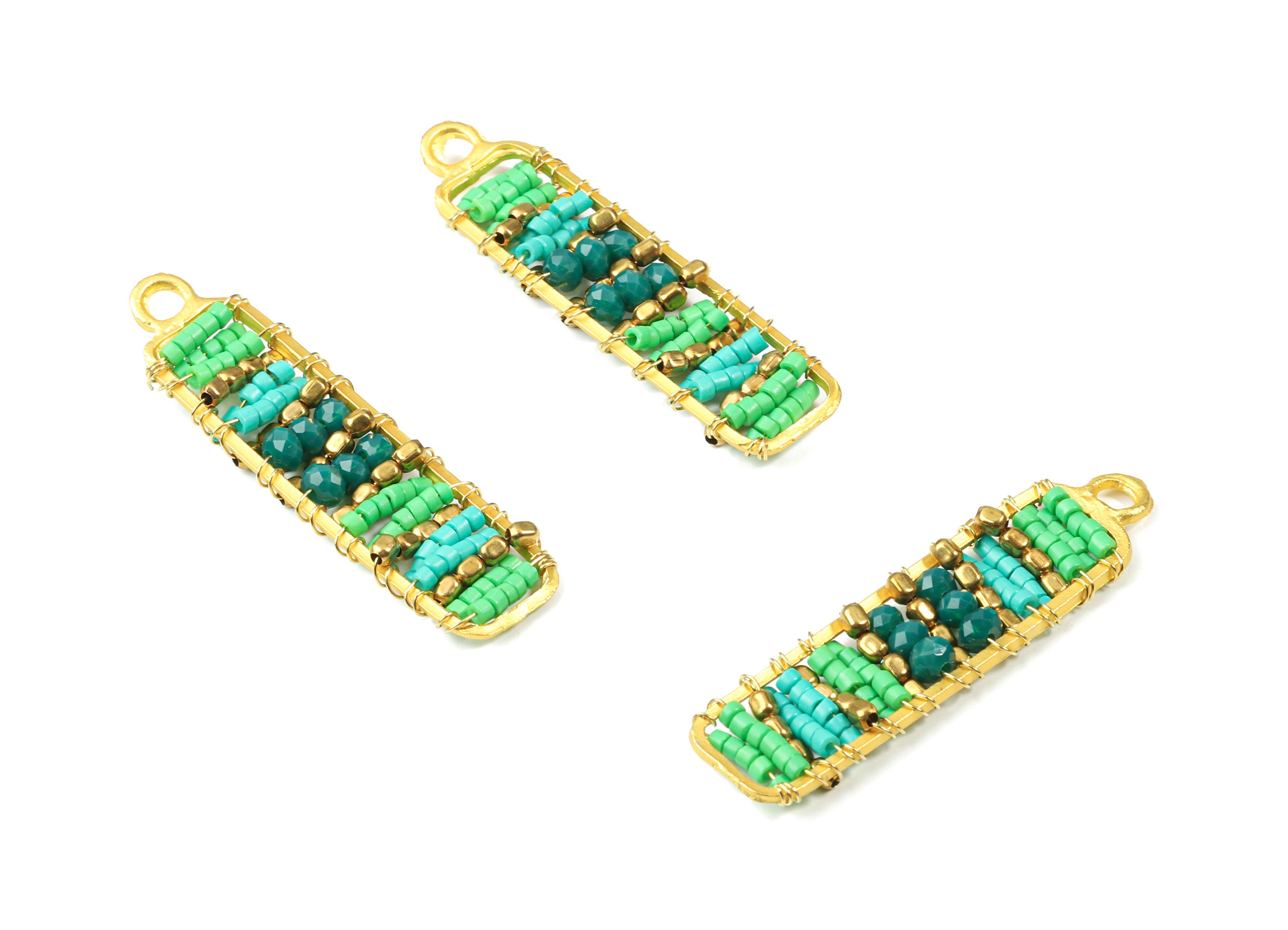 Glass Beaded Brass Rectangle Earring Charms - Handmade Glass Beaded Brass Earring Wire - Japanese Seed Beads - 44.29x11.93x3.7mm - TH1079A - DOMEDBAZAAR