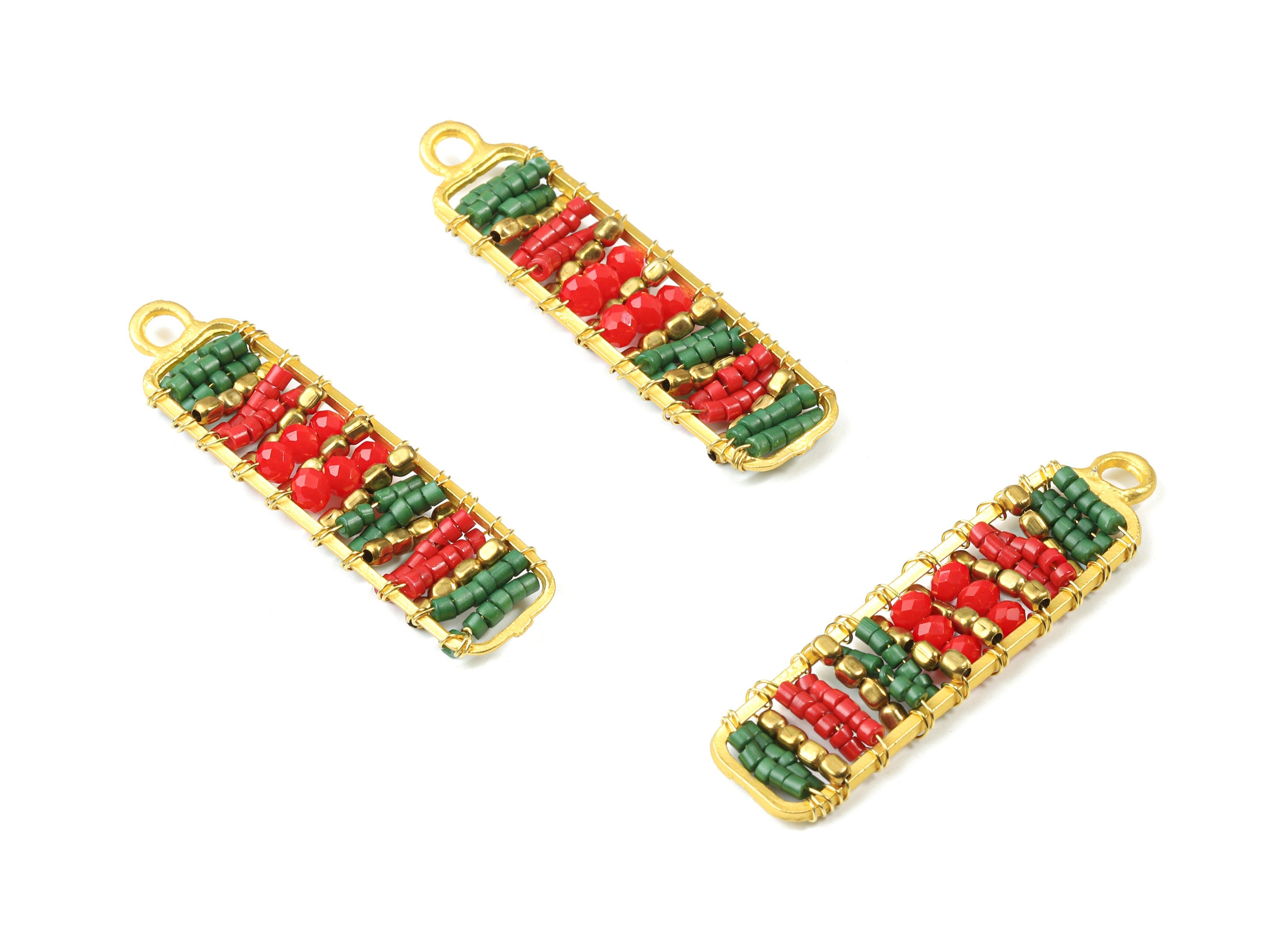 Glass Beaded Brass Rectangle Earring Charms - Handmade Glass Beaded Brass Earring Wire - Japanese Seed Beads - 44.29x11.93x3.7mm - TH1079B - DOMEDBAZAAR