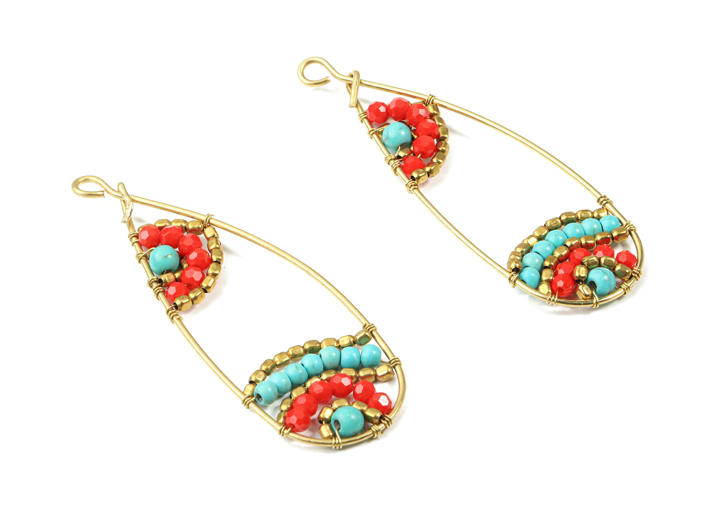 Glass Beaded Brass Drop Earring Charms - Handmade Glass Beaded Brass Earring Wire - Japanese Seed Beads  - 63.76x21.26x4.26mm - TH1080A - DOMEDBAZAAR