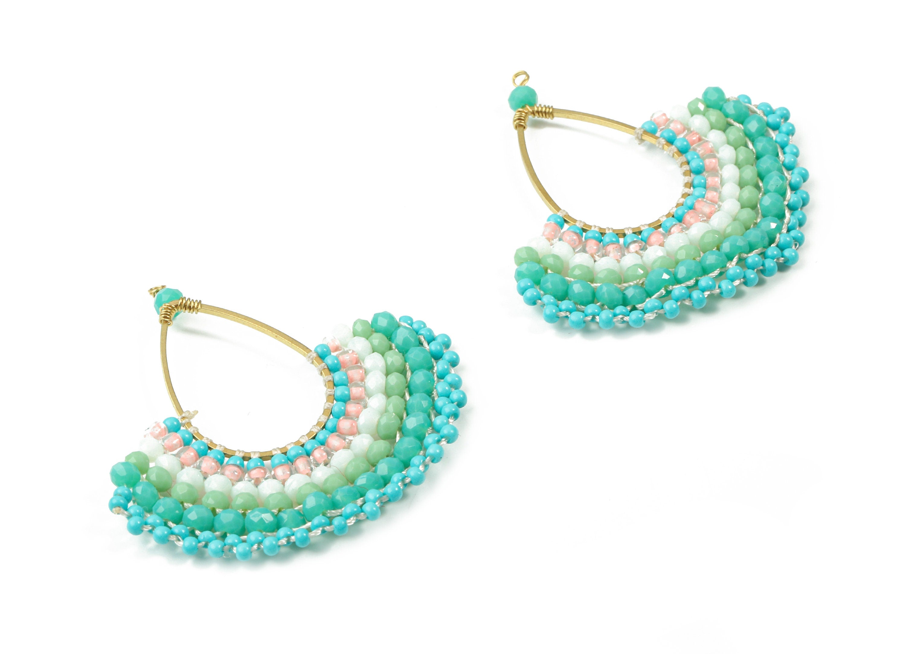 Glass Beaded Brass Drop Fan Earring Charms - Handmade Glass Beaded Brass - Earring Wire - Japanese Seed Beads - 44.63x44.05x3.02mm - TH1081 - DOMEDBAZAAR