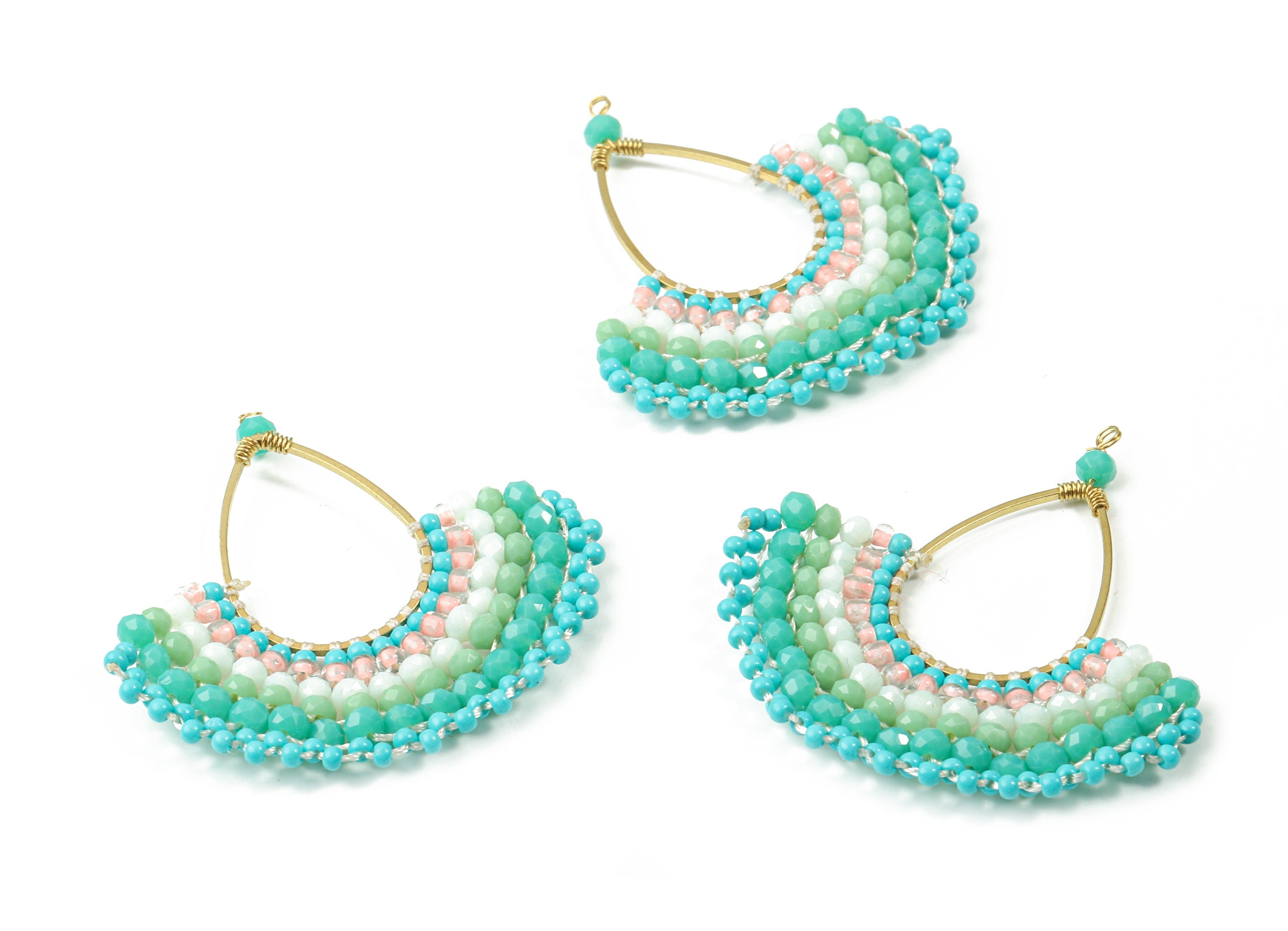 Glass Beaded Brass Drop Fan Earring Charms - Handmade Glass Beaded Brass - Earring Wire - Japanese Seed Beads - 44.63x44.05x3.02mm - TH1081 - DOMEDBAZAAR