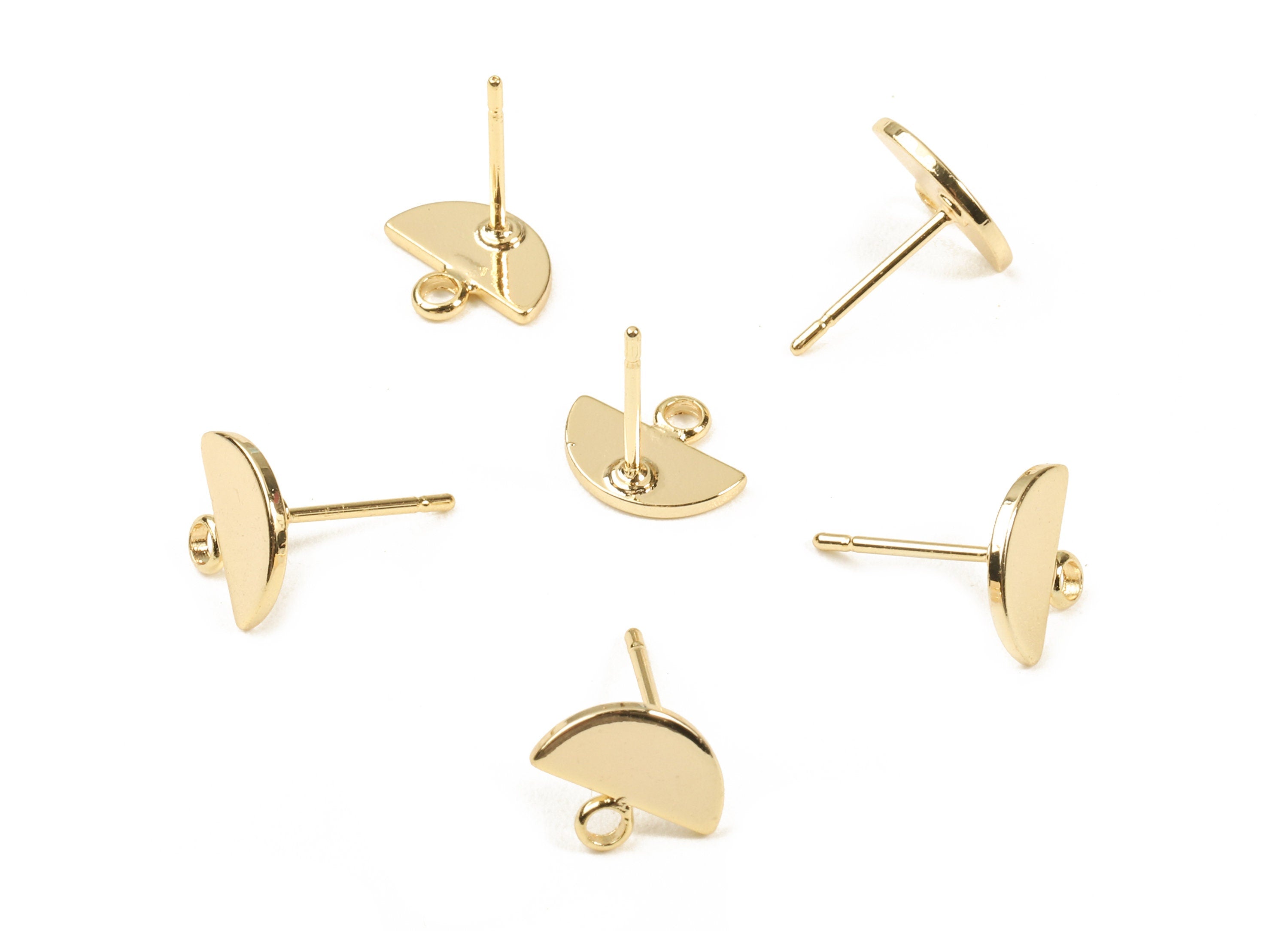 Brass Semicircle Earing Stud - Brass Half Moon Earring Post With Loop - 18K Real Gold Plated Brass - 10x8.06x1.04mm - RGP2309 - DOMEDBAZAAR