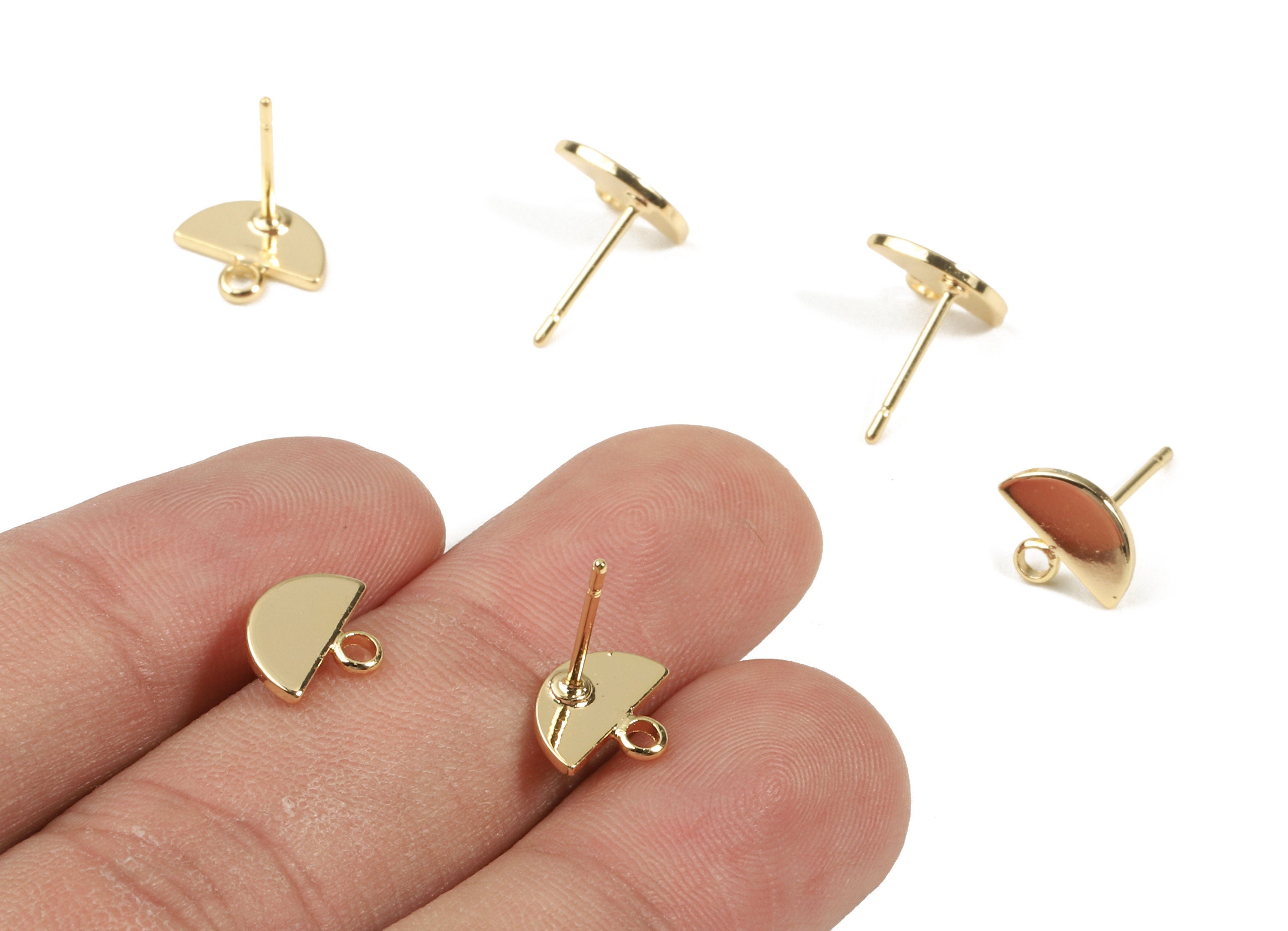 Brass Semicircle Earing Stud - Brass Half Moon Earring Post With Loop - 18K Real Gold Plated Brass - 10x8.06x1.04mm - RGP2309 - DOMEDBAZAAR