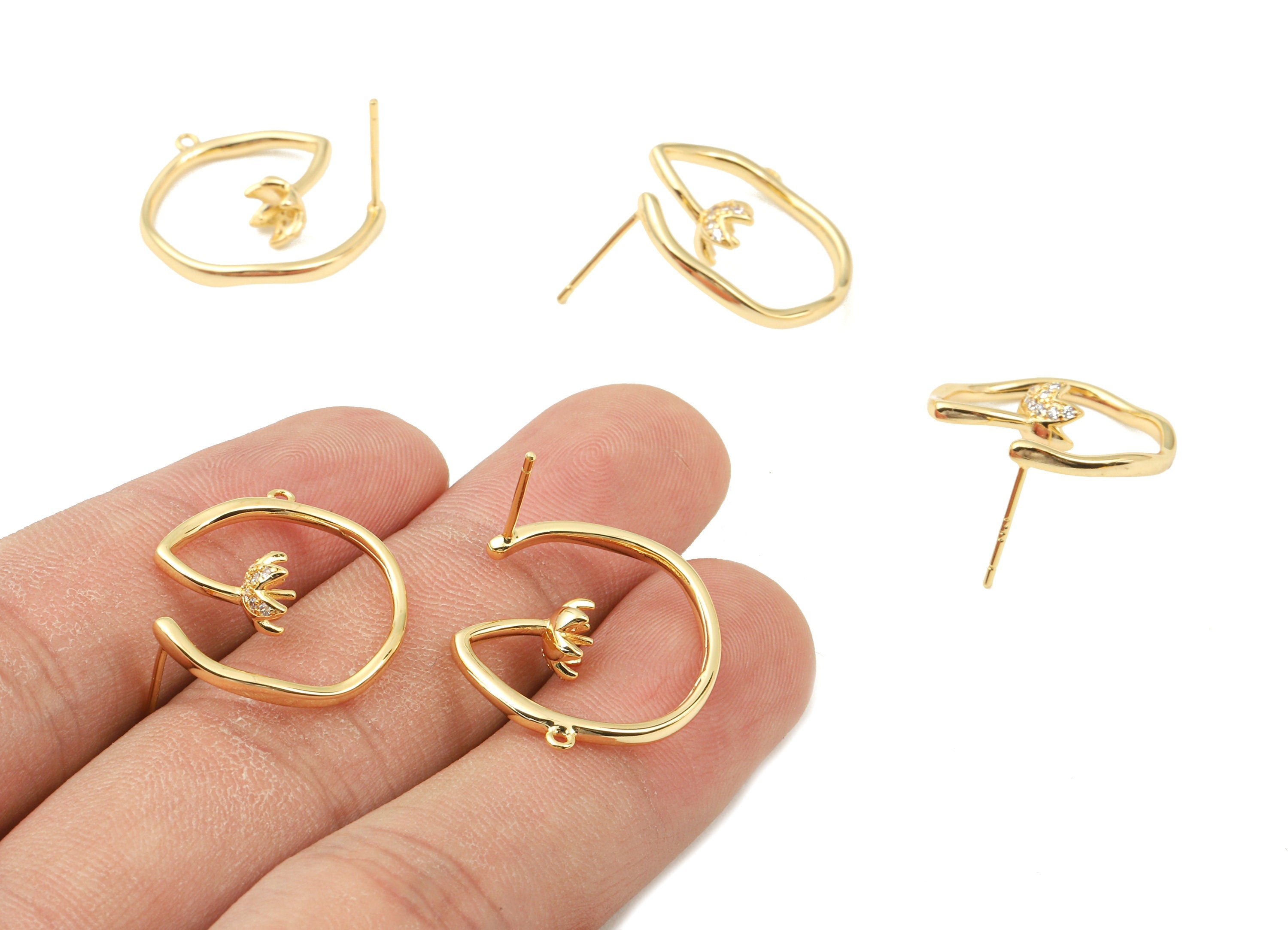 Brass Flower Earring Wire Post With Loop - Zircon Flower Earring Stud - 18K Real Gold Plated Brass - 21.99x19.06x1.15mm - RGP2334 - DOMEDBAZAAR