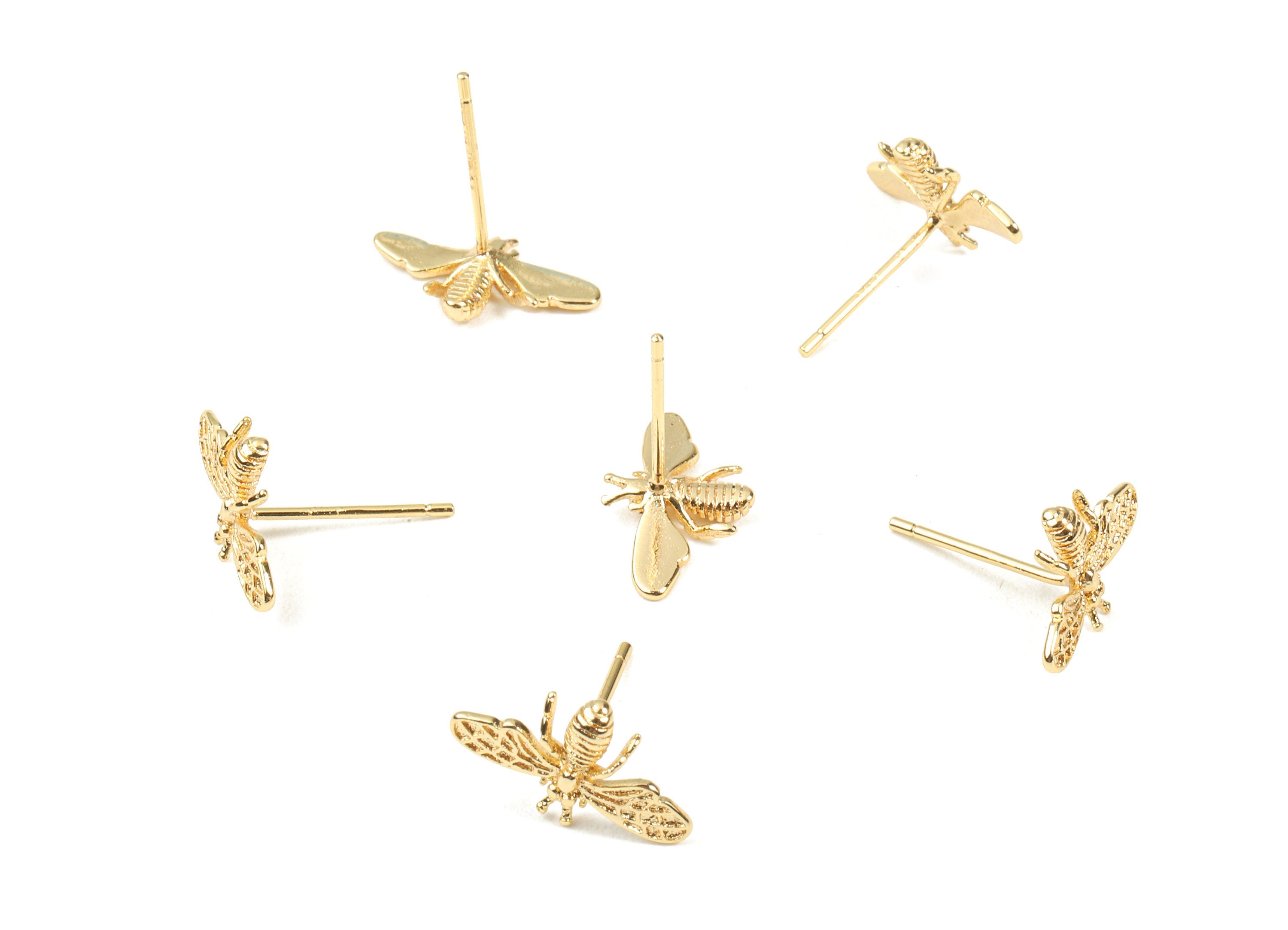 Brass Bee Earring Stud - Brass Beel Earring Post - 18K Real Gold Plated Brass - Jewelry Supplies - 14.41x8.7x1.91mm - RGP2350 - DOMEDBAZAAR