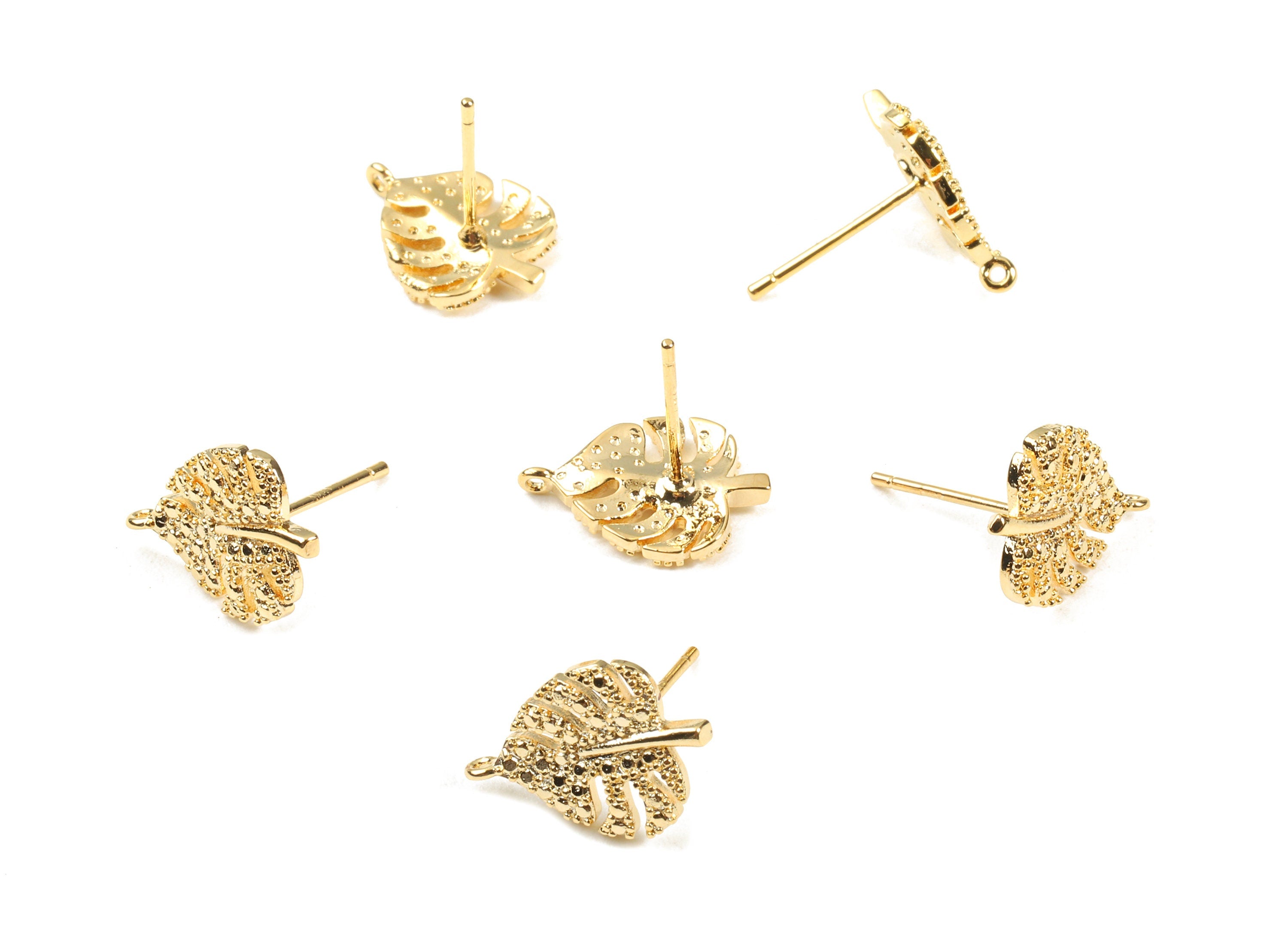 Brass Monstera Gold Earrings Stud - Brass Flower Earring Post With Loop - 18K Real Gold Plated Brass - 14.69x10.54x1.83mm - RGP2315 - DOMEDBAZAAR