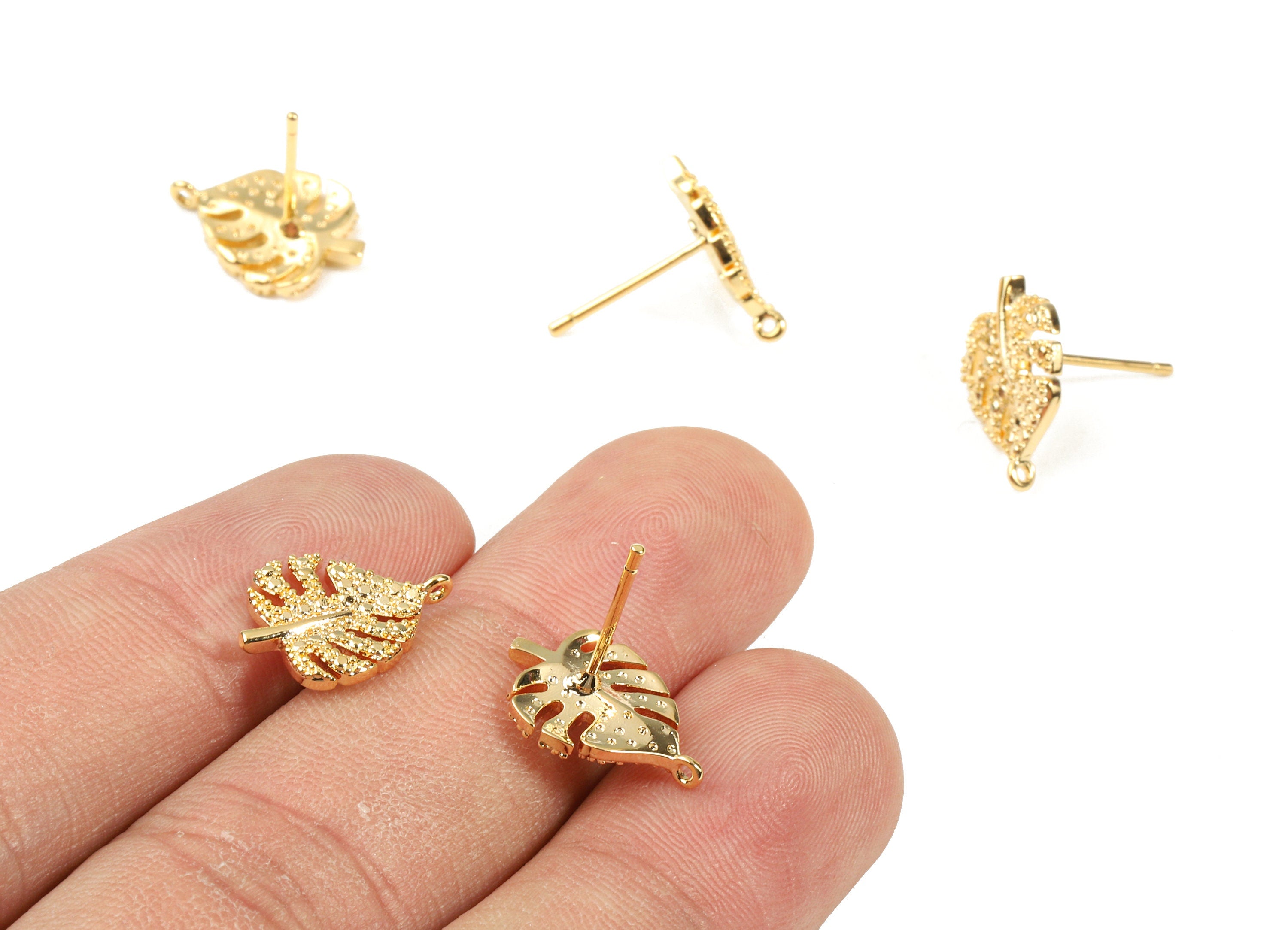 Brass Monstera Gold Earrings Stud - Brass Flower Earring Post With Loop - 18K Real Gold Plated Brass - 14.69x10.54x1.83mm - RGP2315 - DOMEDBAZAAR