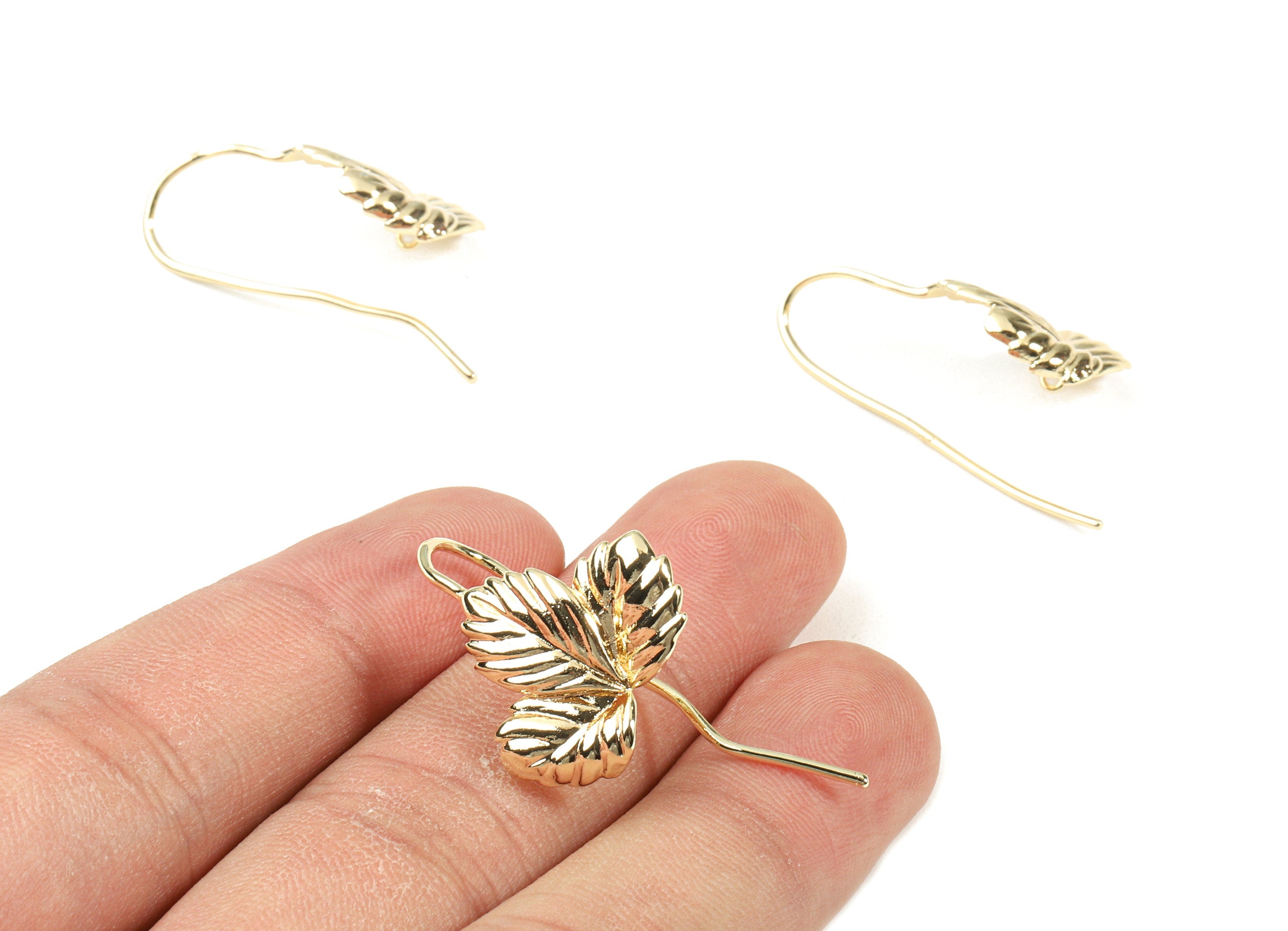 Brass Leaf Earring Wire With Loop - Brass Leaf Earring Hooks - 18K Real Gold Plated Brass - Jewelry Supplies - 31.08x19.45x1.47mm - RGP2338 - DOMEDBAZAAR