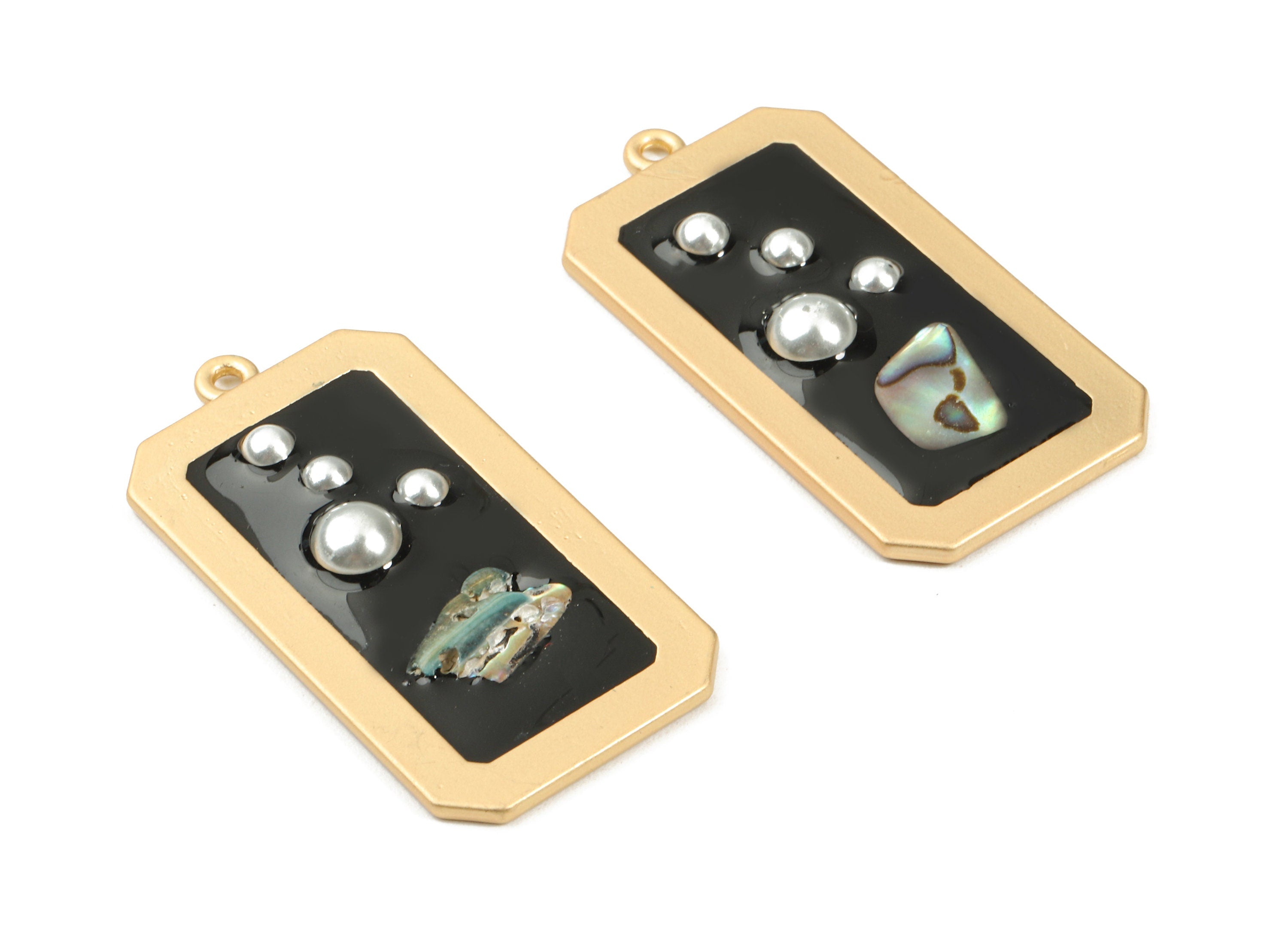 Alloy Rectangle Enamel Charms - Alloy Enamel Charm With Pearls and Shell - Gold Tone Plated - Earring Finding - 40.7x21.36x4.57mm - ZZ1585A - DOMEDBAZAAR