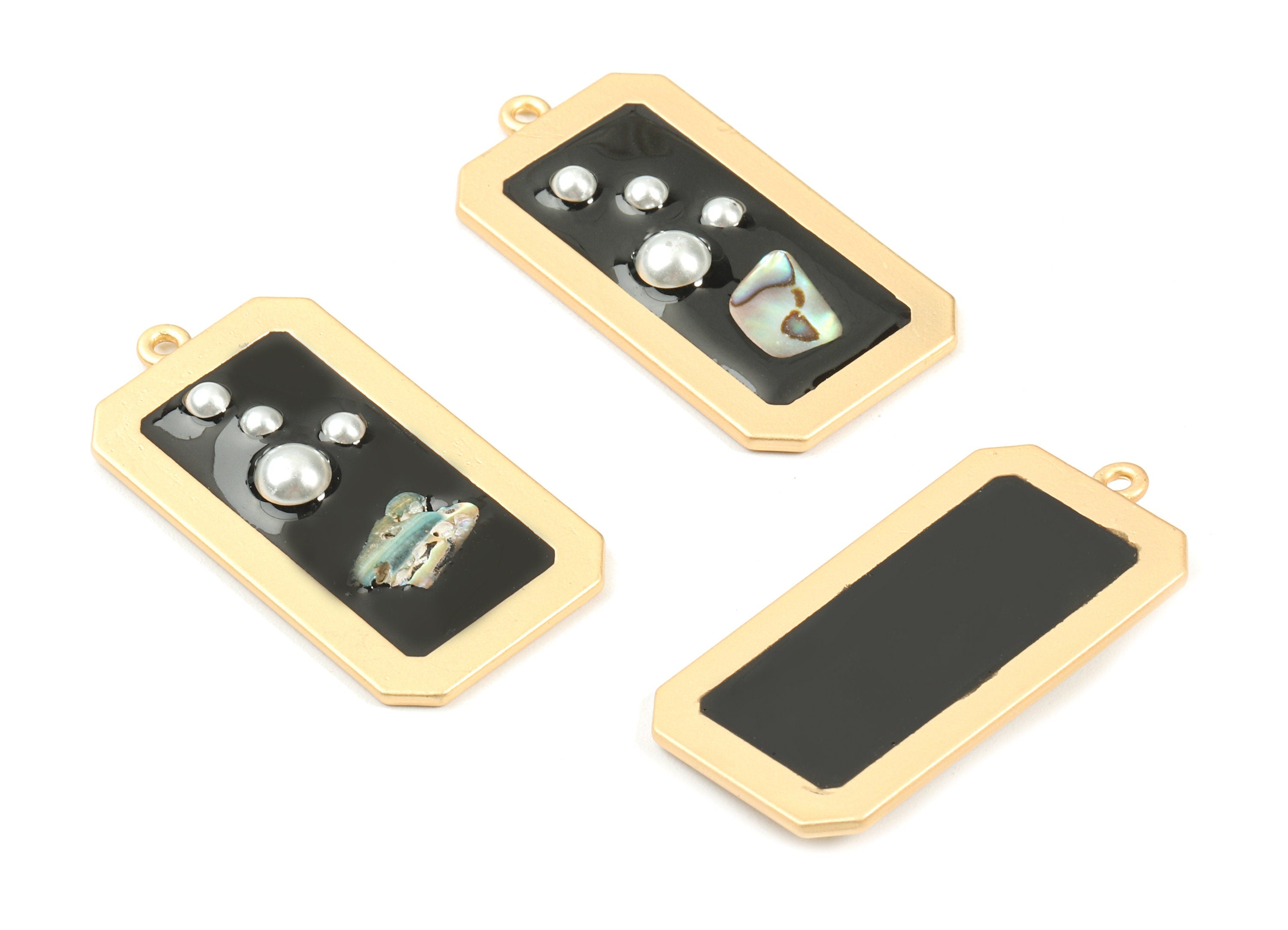 Alloy Rectangle Enamel Charms - Alloy Enamel Charm With Pearls and Shell - Gold Tone Plated - Earring Finding - 40.7x21.36x4.57mm - ZZ1585A - DOMEDBAZAAR