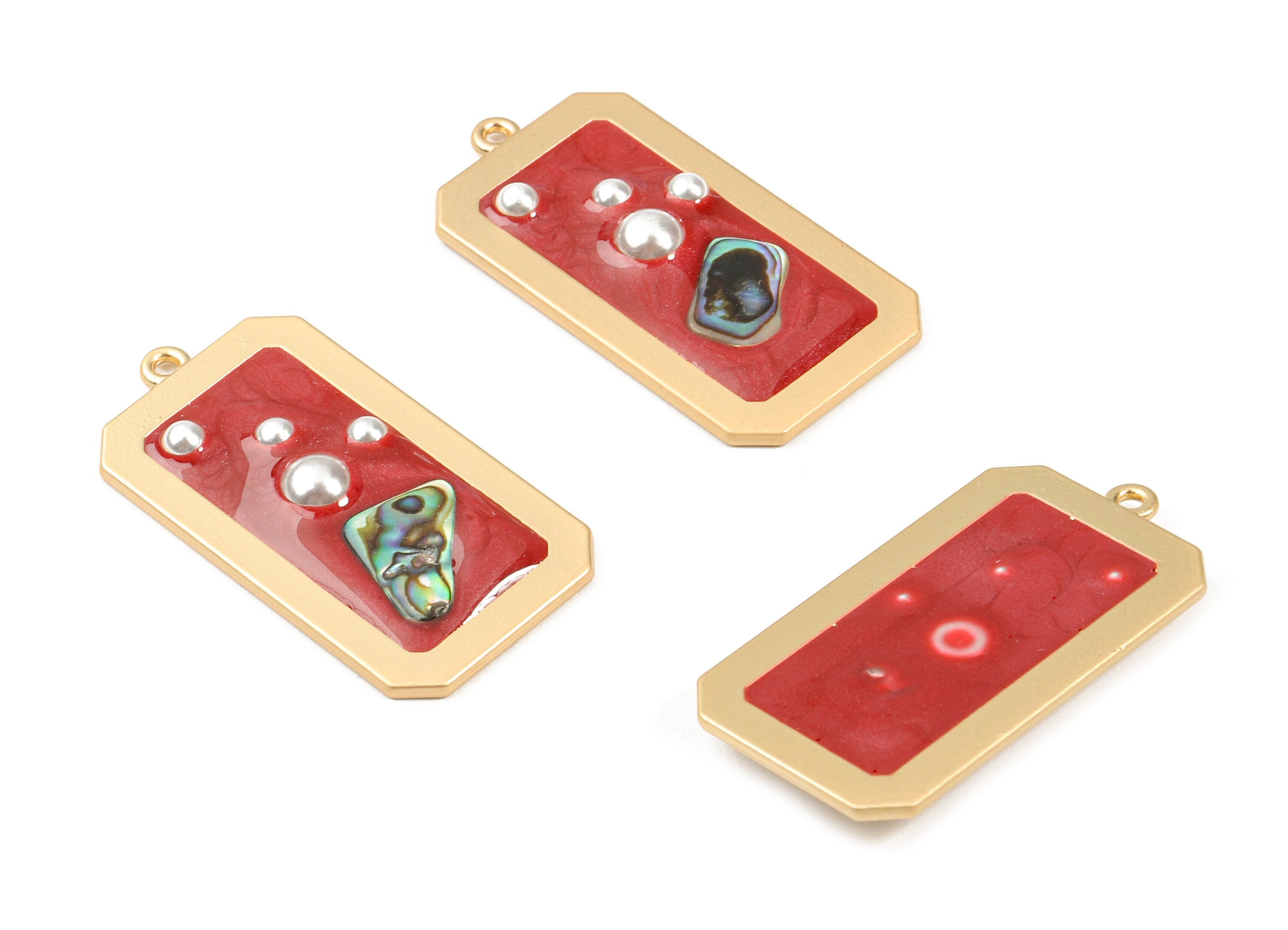 Alloy Rectangle Enamel Charms - Alloy Enamel Charm With Pearls and Shell - Gold Tone Plated - Earring Finding - 40.7x21.36x4.57mm - ZZ1585B - DOMEDBAZAAR