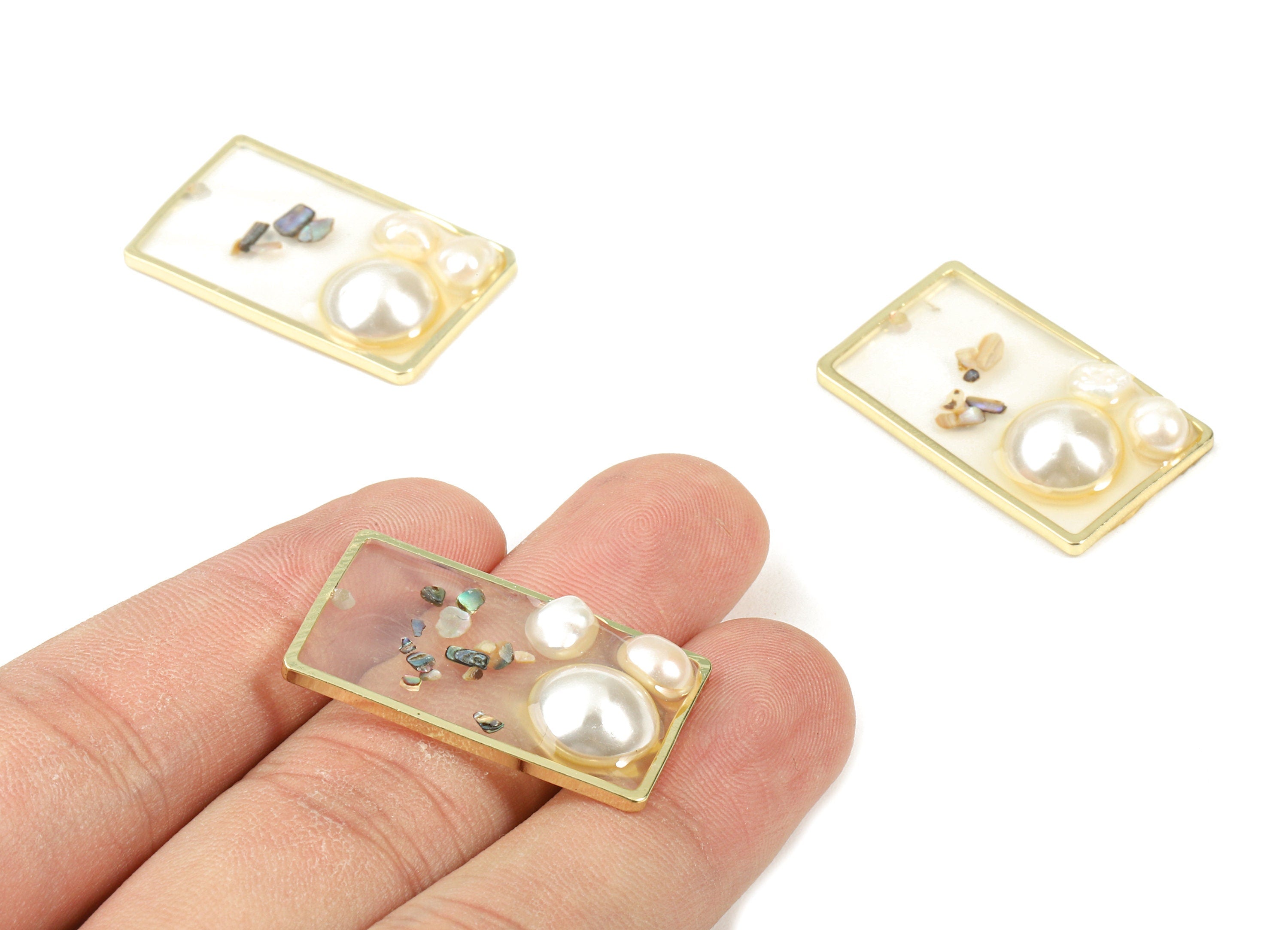 Alloy Rectangle Gravel Charm With Pearls and Shells - Alloy Rectangle Charms - Earring Finding - 30.39x18.29x5.55mm - ZZ1582 - DOMEDBAZAAR