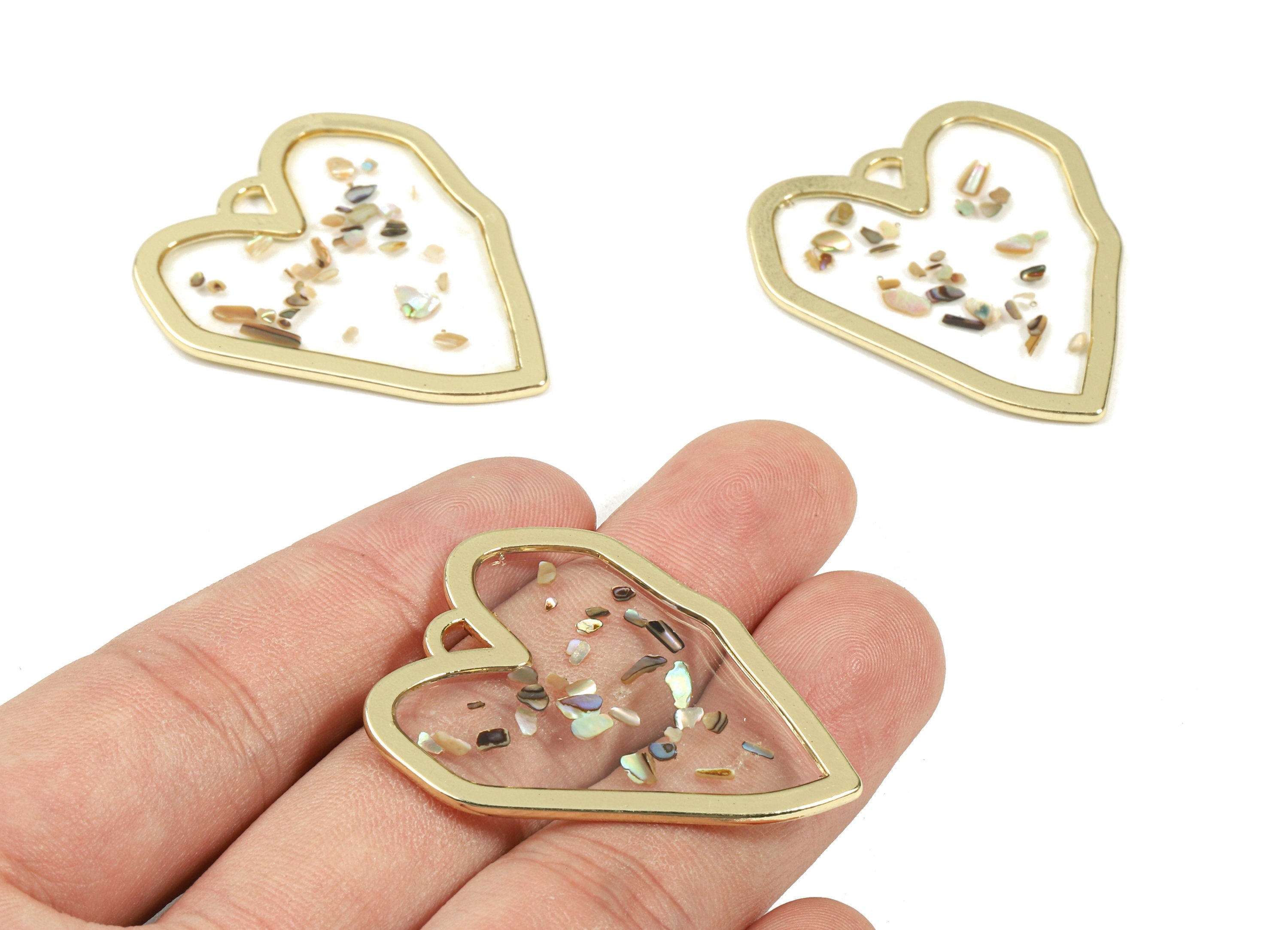 Alloy Heart Charms With Mini Shells - Glass Heart Necklace Pendant With Mini Shells - Earring Finding - 39.92x34.73x1.5mm - ZZ1584 - DOMEDBAZAAR