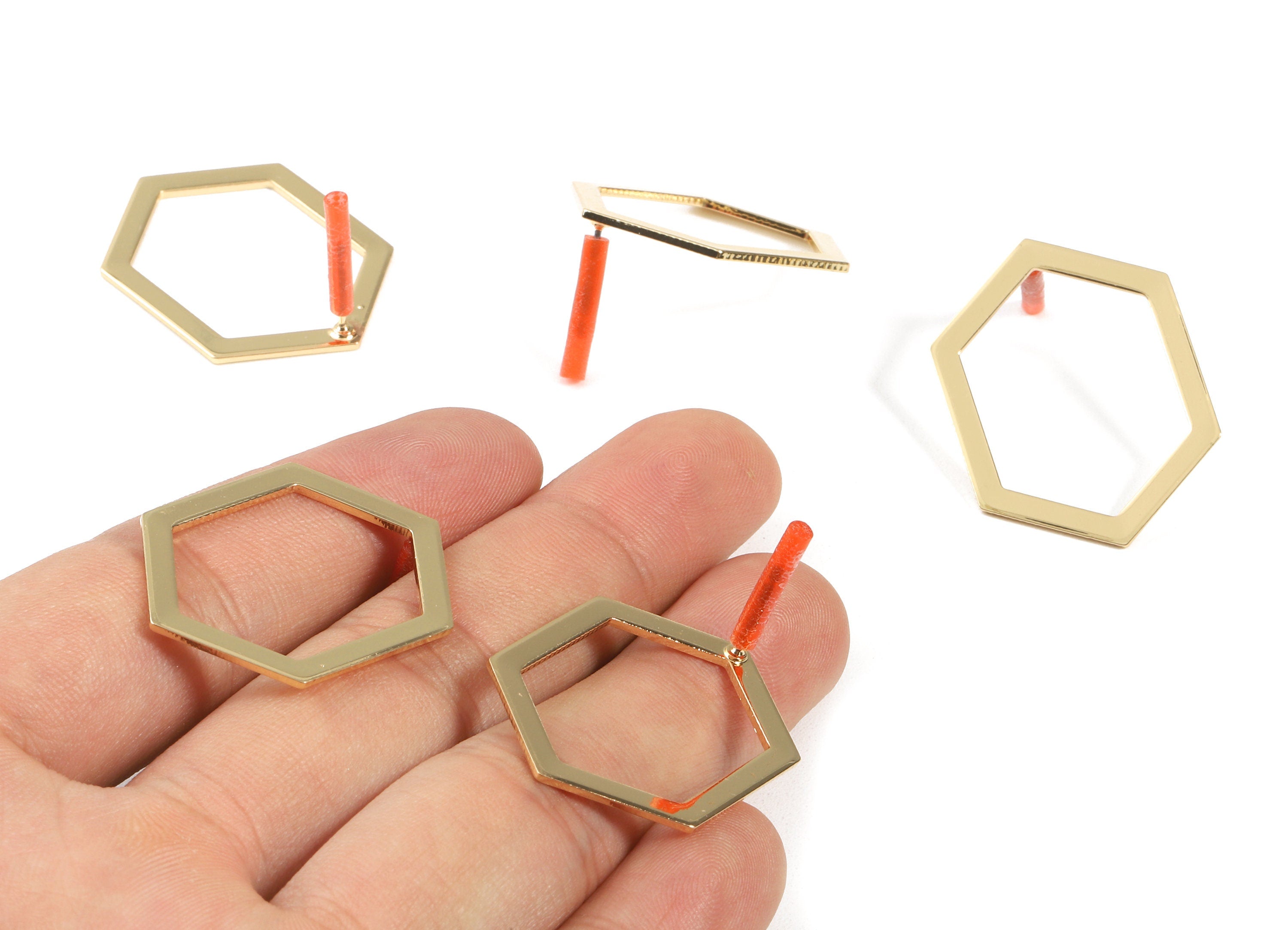 Brass Hexagon Earring Post - Brass Hexagon Earring Stud - Gold Tone Plated Brass - Earring Post - Jewelry Supplies - 33x24x1mm - PP3024 - DOMEDBAZAAR