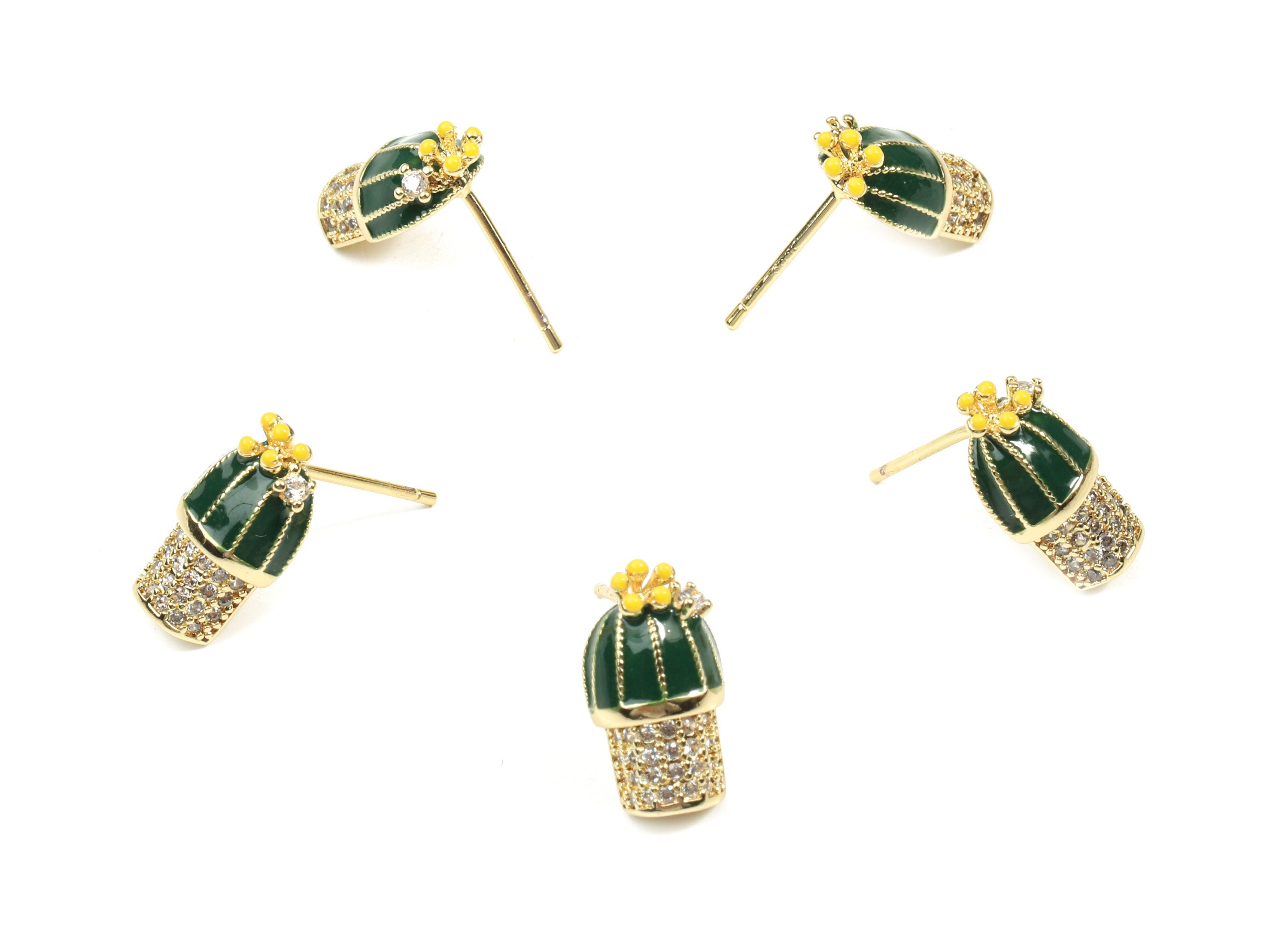 Brass Cactus Earring Post - Gold Cactus Stud Earring With Zircons - Enamel Cactus Stud - 18K Real Gold Plated Brass - 14x7.6x3.8mm - RGP2610 - DOMEDBAZAAR