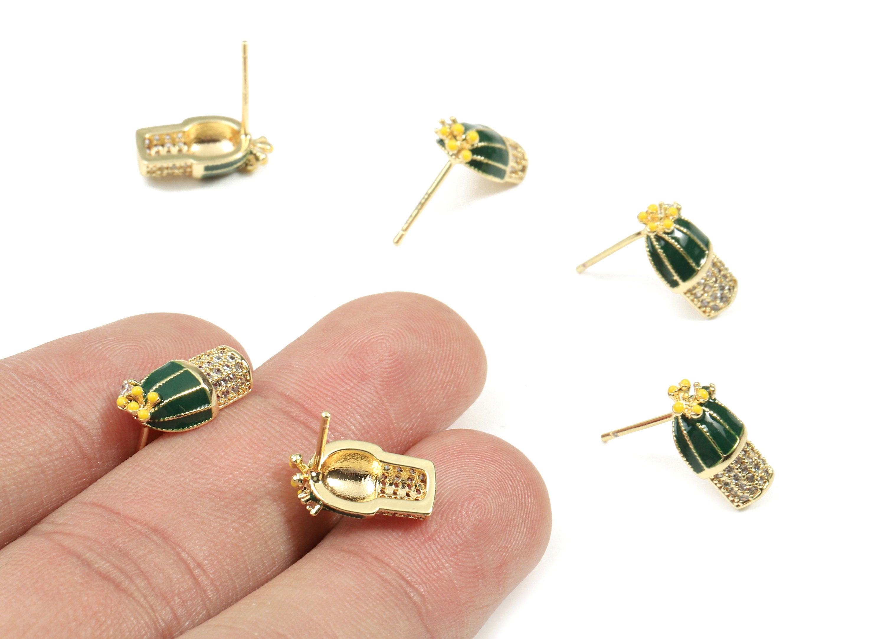 Brass Cactus Earring Post - Gold Cactus Stud Earring With Zircons - Enamel Cactus Stud - 18K Real Gold Plated Brass - 14x7.6x3.8mm - RGP2610 - DOMEDBAZAAR