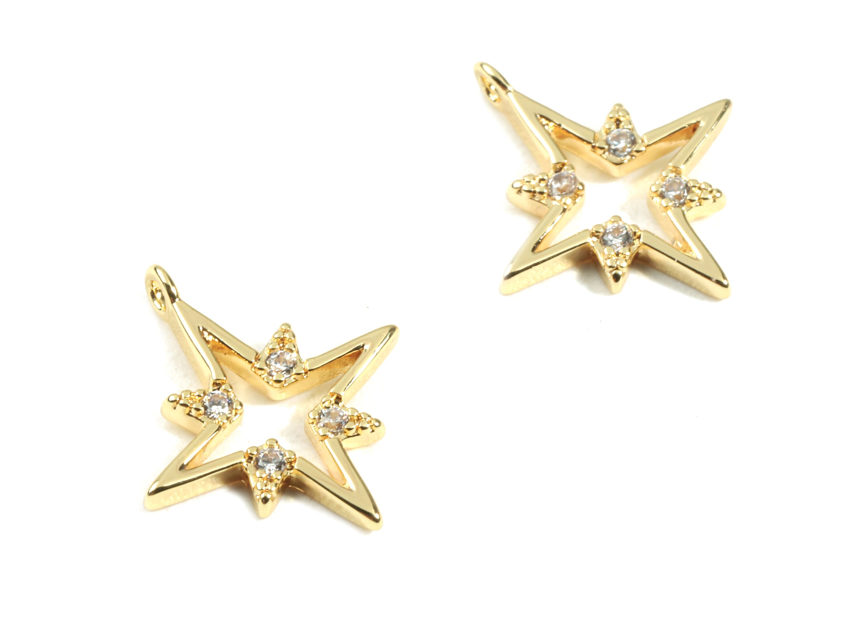 Brass Star Charms With Zircons - Brass Star Earring Pendant and Necklace - 18K Real Gold Plated Brass - 13.82x12.21x1.49mm - RGP2427 - DOMEDBAZAAR