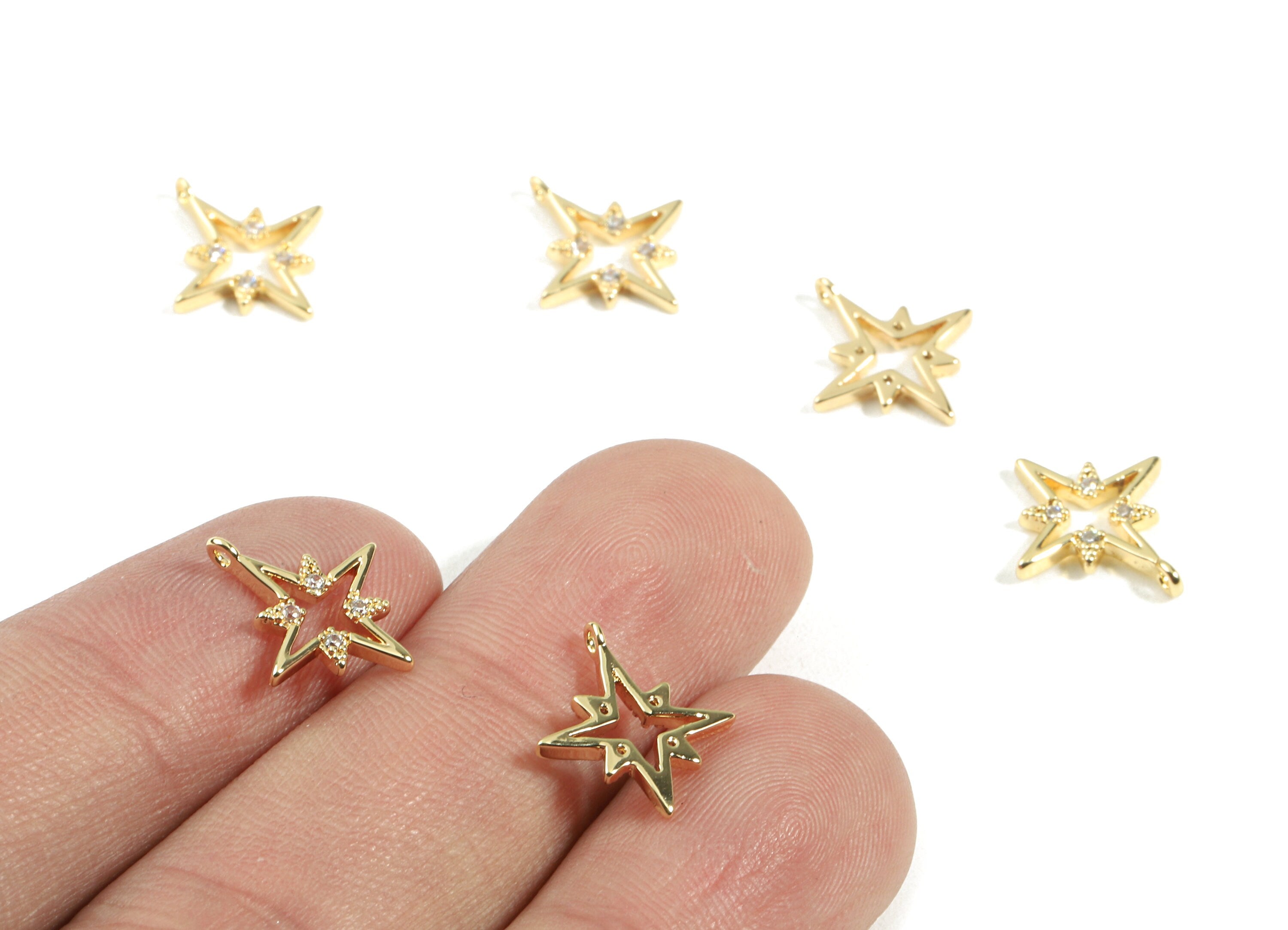 Brass Star Charms With Zircons - Brass Star Earring Pendant and Necklace - 18K Real Gold Plated Brass - 13.82x12.21x1.49mm - RGP2427 - DOMEDBAZAAR
