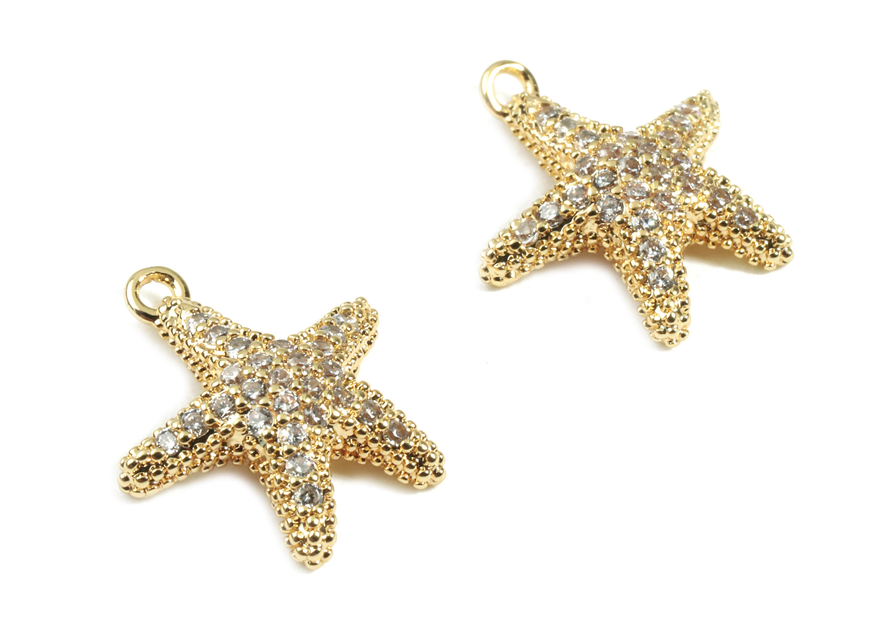 Brass Starfish Charms With Zircons - Brass Starfish Earring Bracelet Charms - 18K Real Gold Plated Brass - 13.52x11.37x1.97mm - RGP2437 - DOMEDBAZAAR