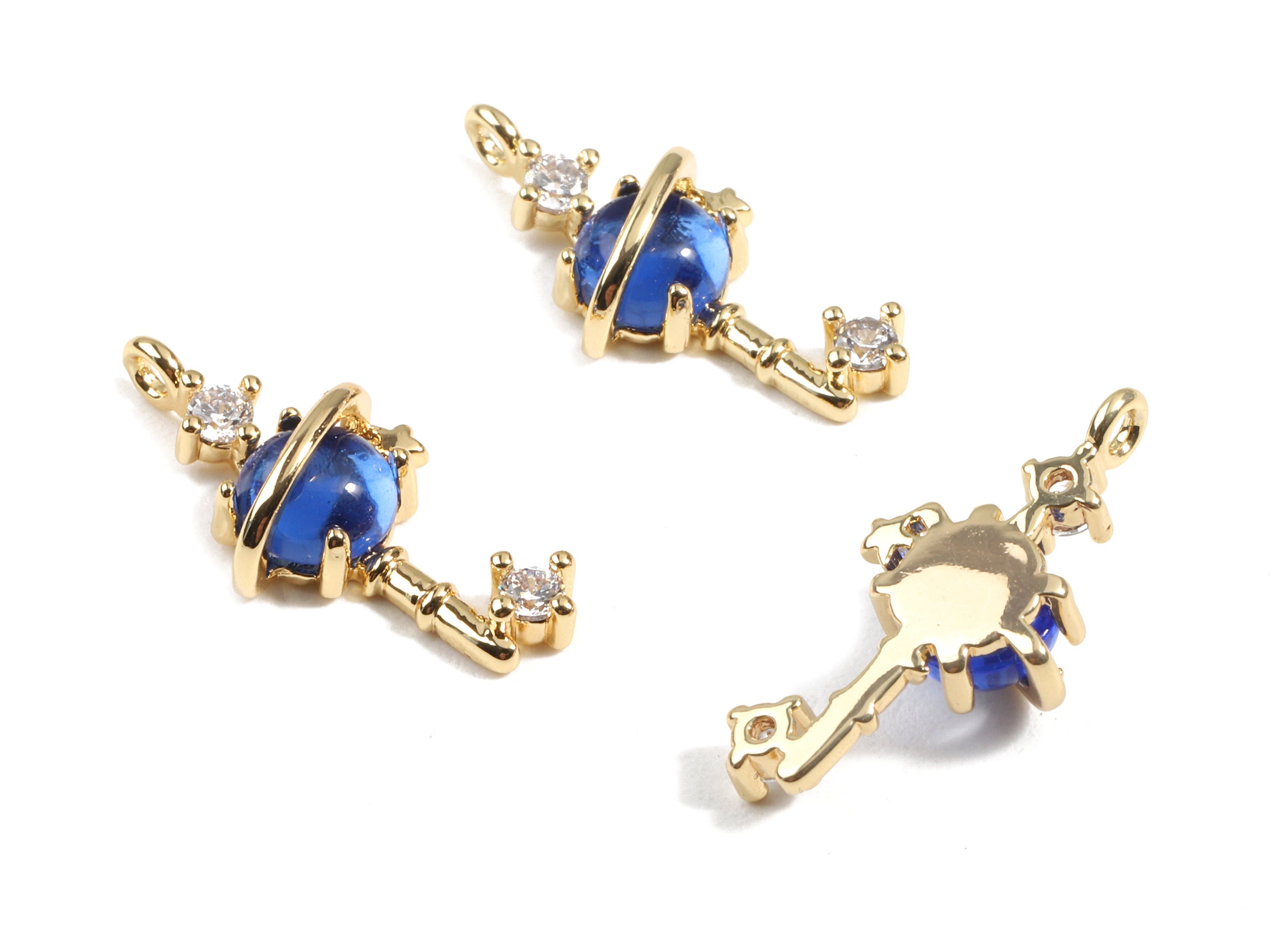 Brass Key Charms With Zircons - Brass Key Earring Pendant and Necklace - 18K Real Gold Plated Brass - 21.13x10.12x5.42mm - RGP2435 - DOMEDBAZAAR
