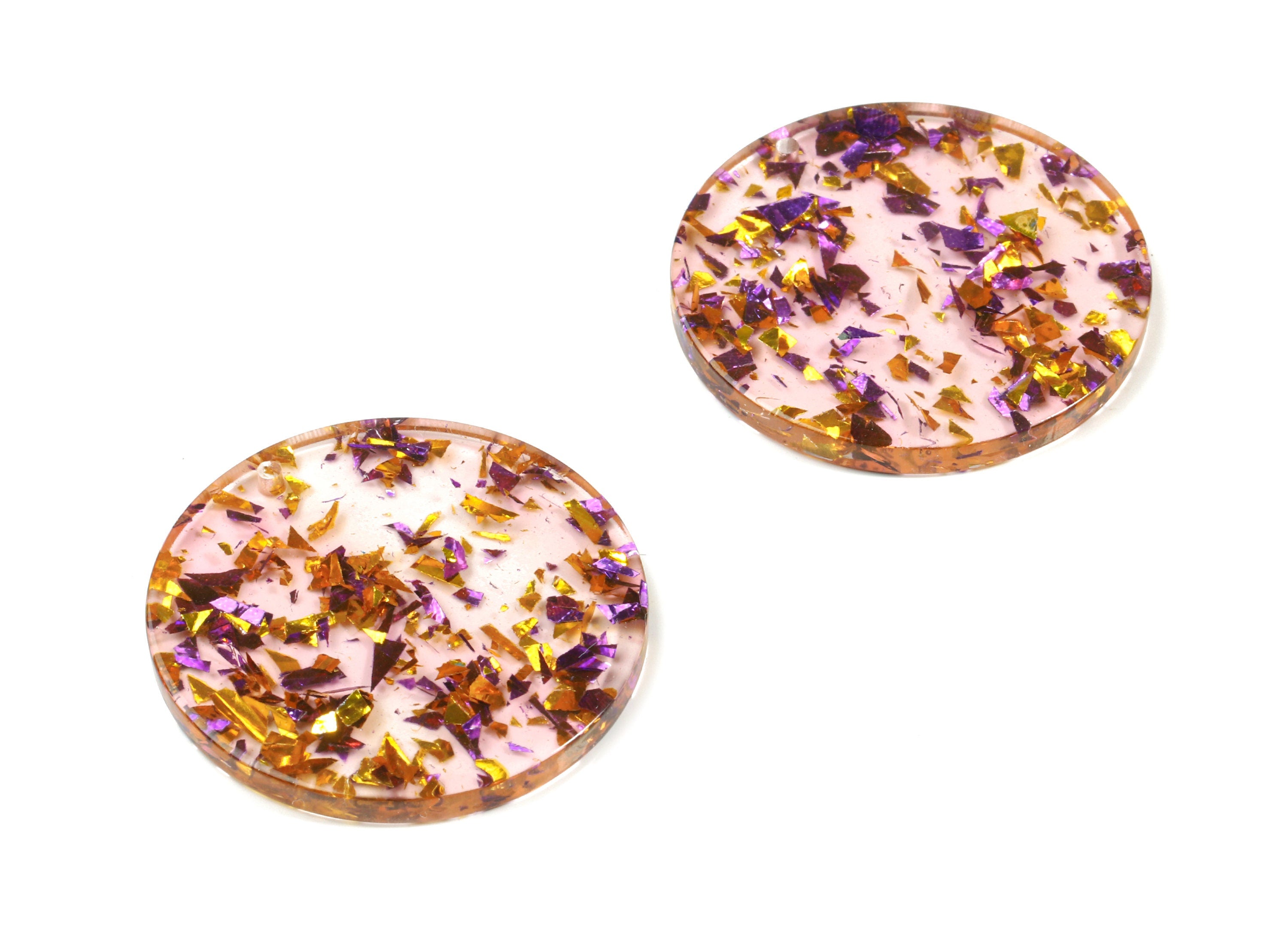 Acrylic Round Charms - Coin Earrings and Pendant - Purple Gold Foil & Confetti - Color Code: A456 - 34.68x34.68x3.23mm - AC1135-A456 - DOMEDBAZAAR