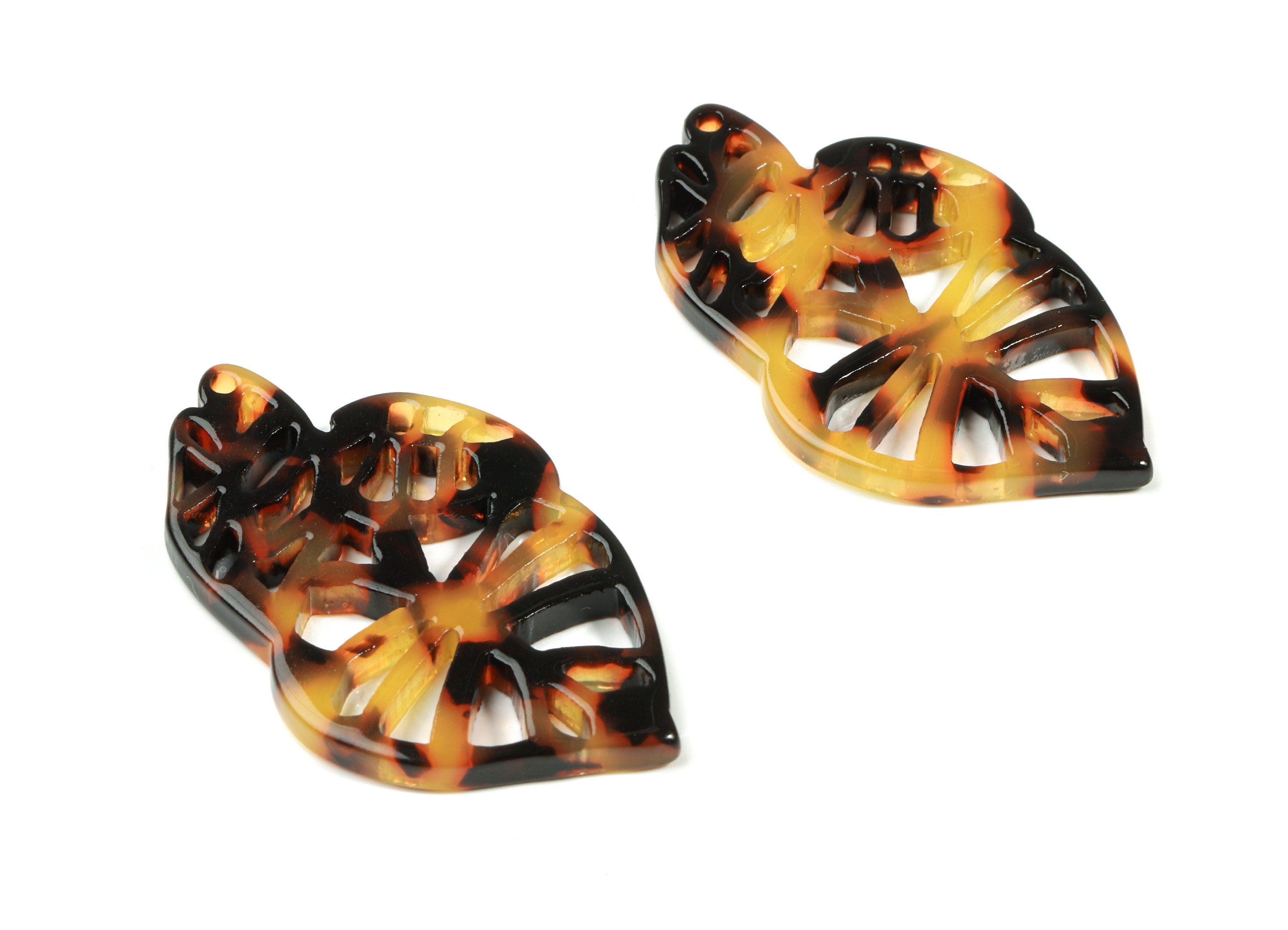 Acetate Leaf Earring Charms - Tortoise Shell Triple Leafs Pendant - Jewelry Supplies - Color Code:A01 - 39.46x25.04x2.6mm - AC1834-A01 - DOMEDBAZAAR