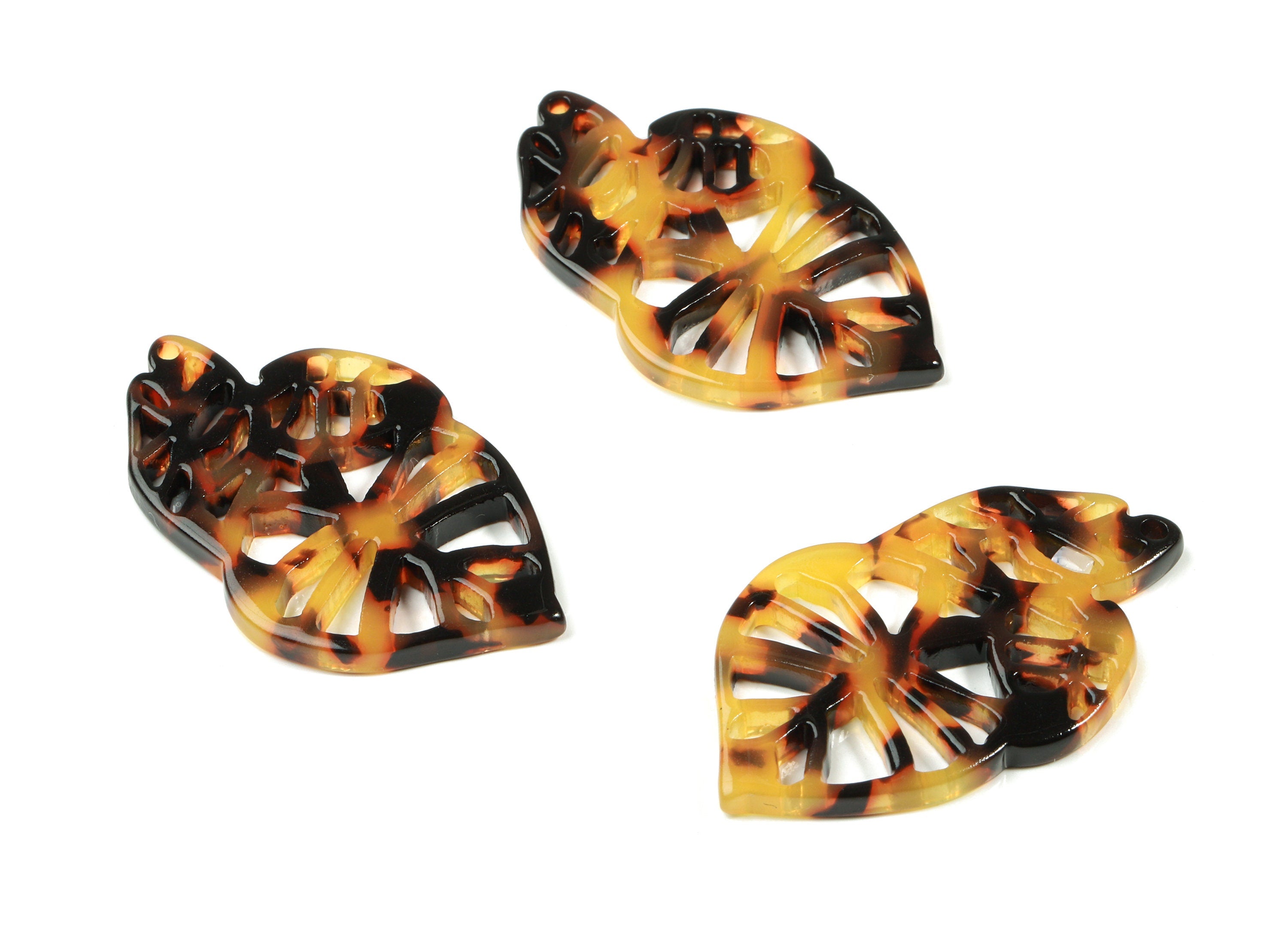 Acetate Leaf Earring Charms - Tortoise Shell Triple Leafs Pendant - Jewelry Supplies - Color Code:A01 - 39.46x25.04x2.6mm - AC1834-A01 - DOMEDBAZAAR