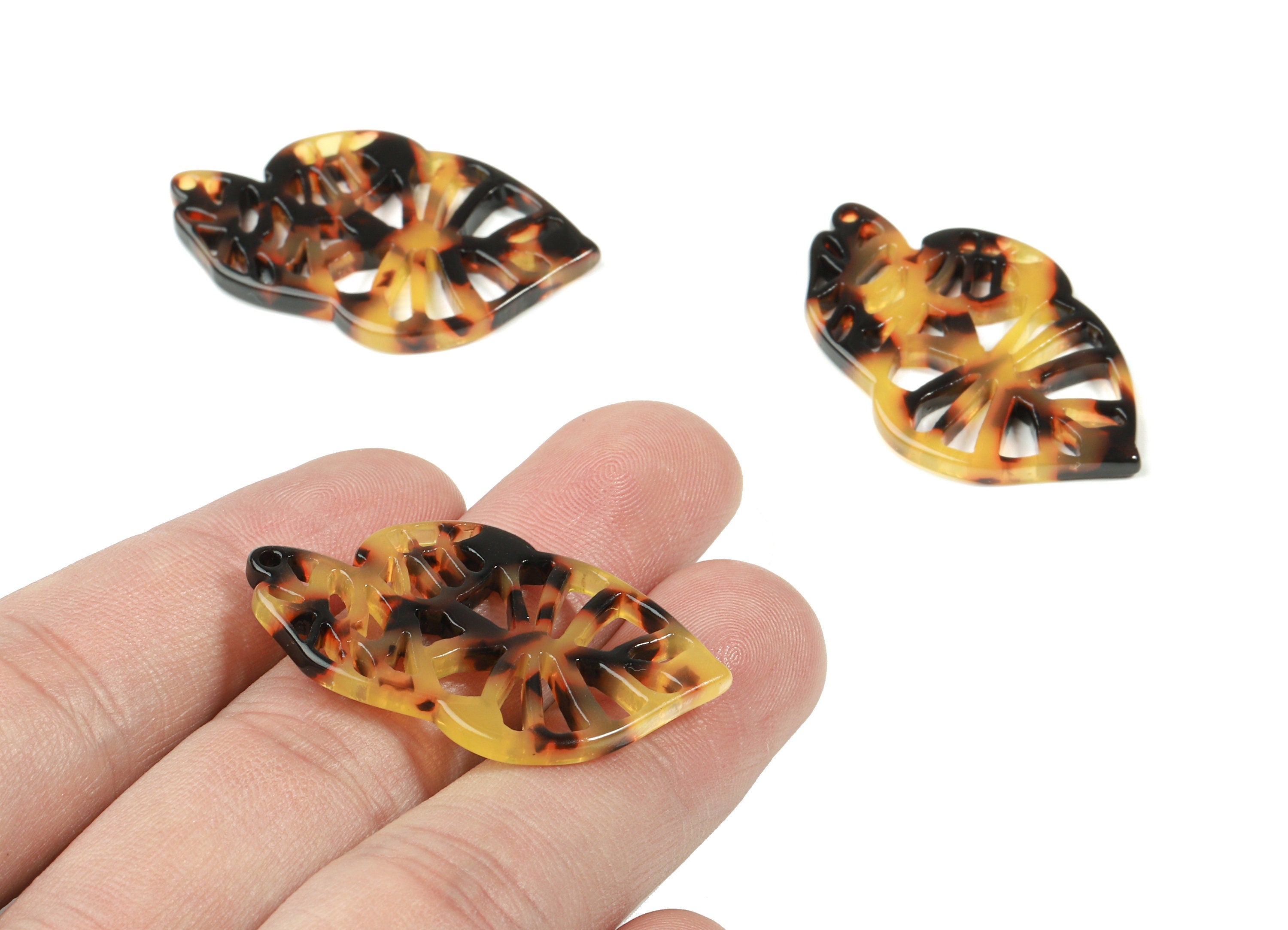 Acetate Leaf Earring Charms - Tortoise Shell Triple Leafs Pendant - Jewelry Supplies - Color Code:A01 - 39.46x25.04x2.6mm - AC1834-A01 - DOMEDBAZAAR