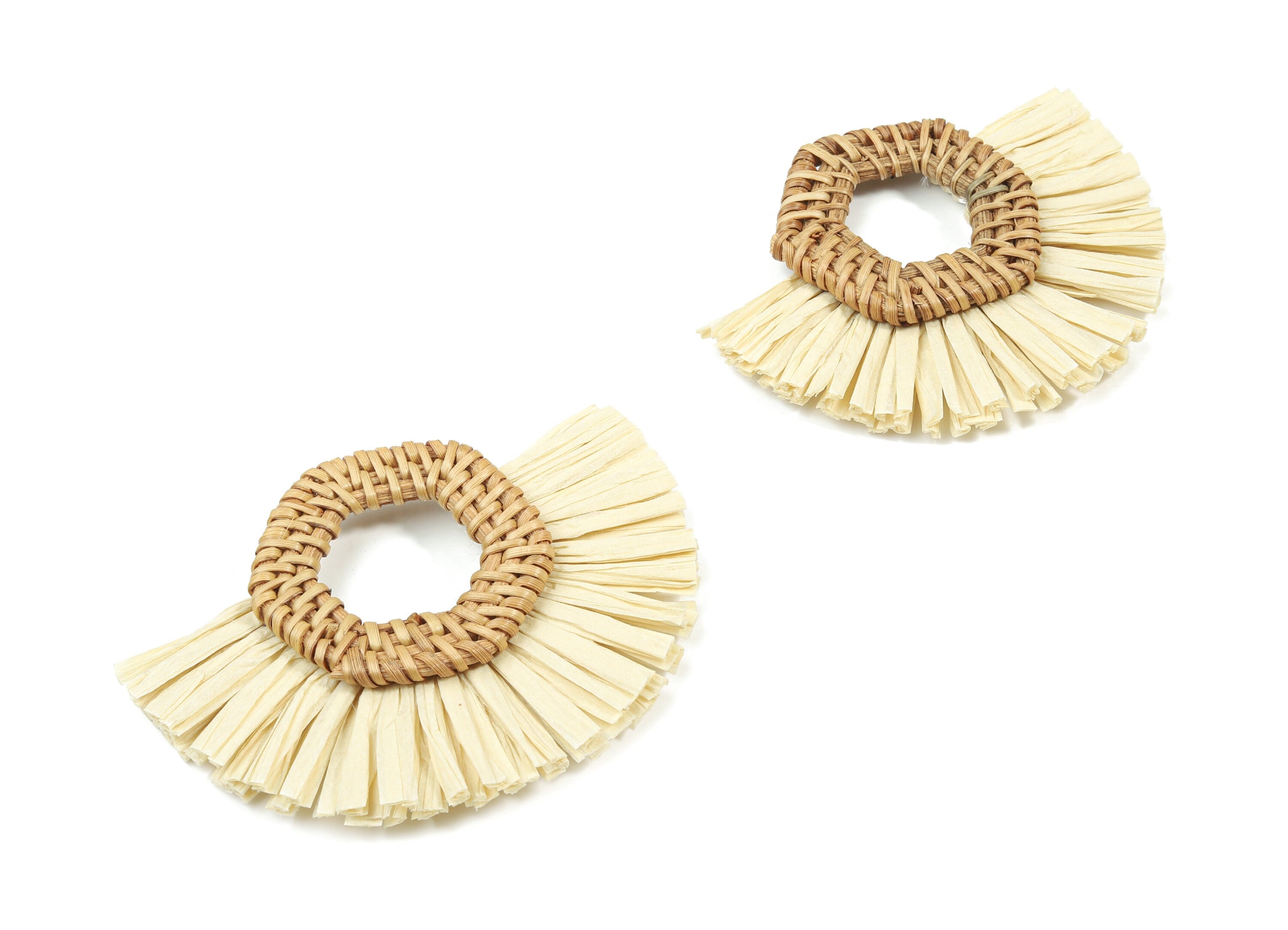 Handwoven Rattan With Raffia Tassels Earring Charms - Hexagon Rattan Tassels - Wooden Straw Earring - 79.98x65.96x8.5mm - RT1351 - DOMEDBAZAAR
