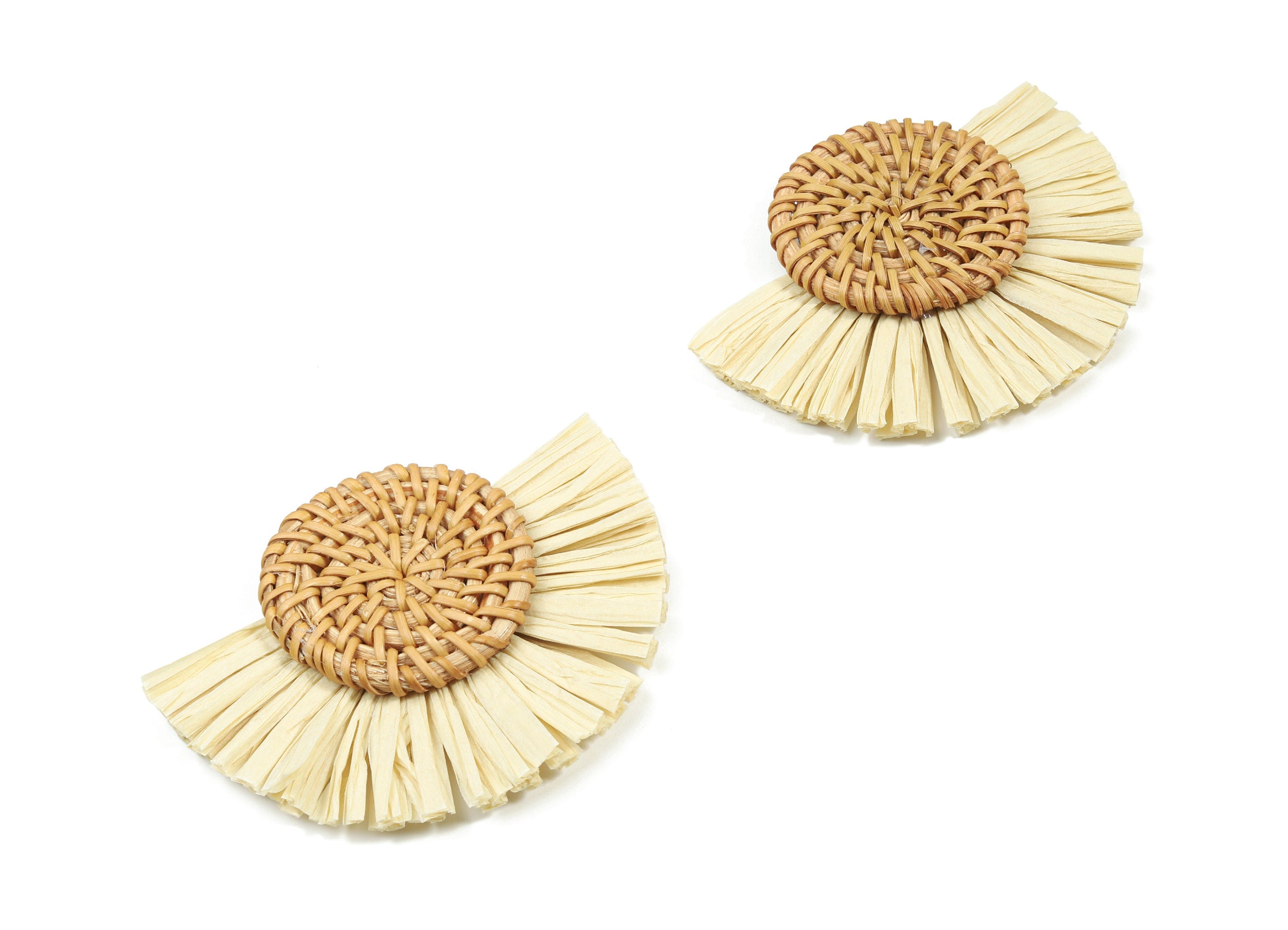 Handwoven Rattan With Raffia Tassels Earring Charms - Round Rattan Tassels - Wooden Straw Earring - 78.87x62.27x8.54mm - RT1352 - DOMEDBAZAAR