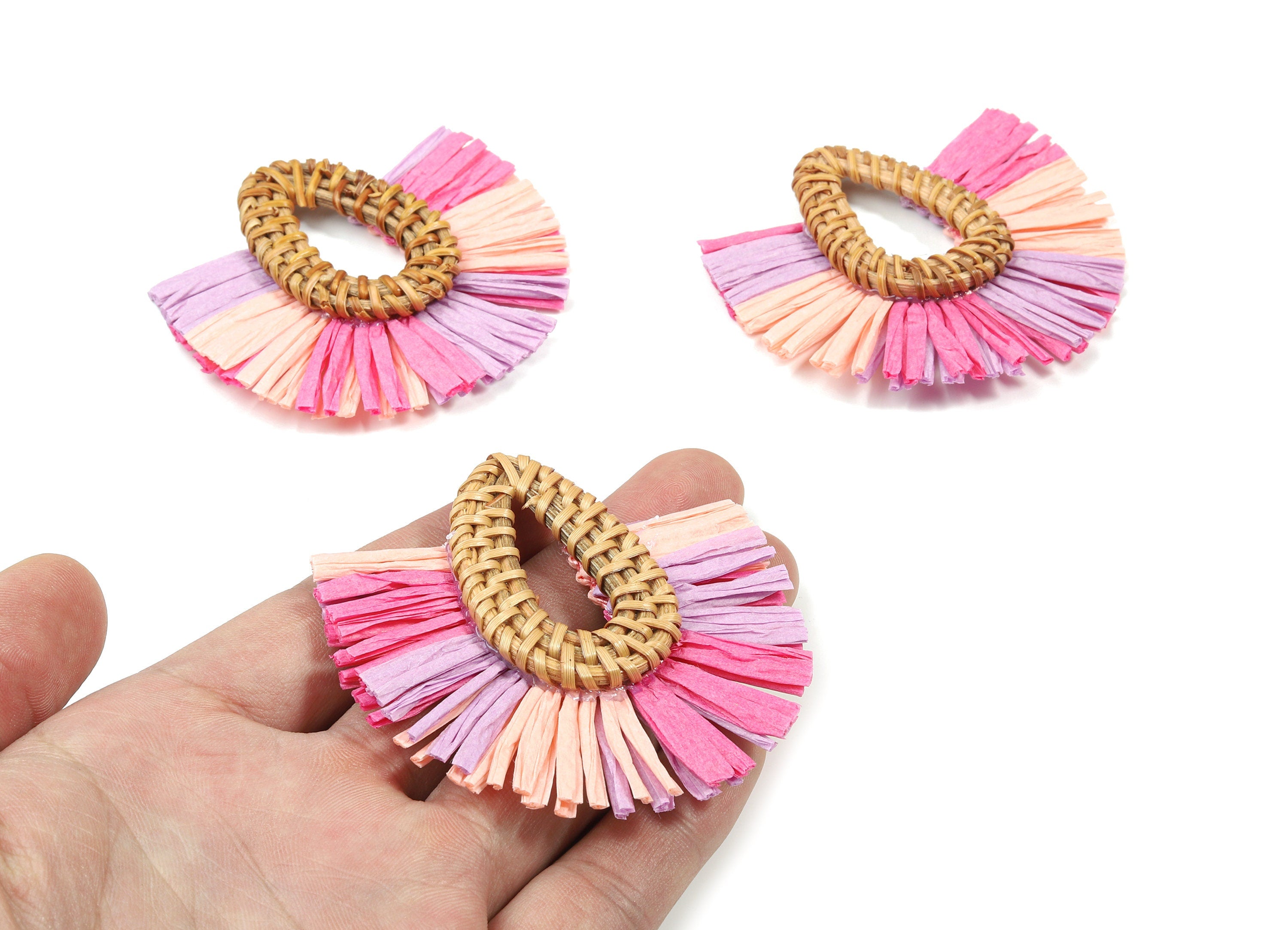 Handwoven Rattan With Raffia Tassels Earring Charms  - Drop Rattan Tassels - Wooden Straw Earring - 71.43x65.9x7.75mm - RT1353 - DOMEDBAZAAR