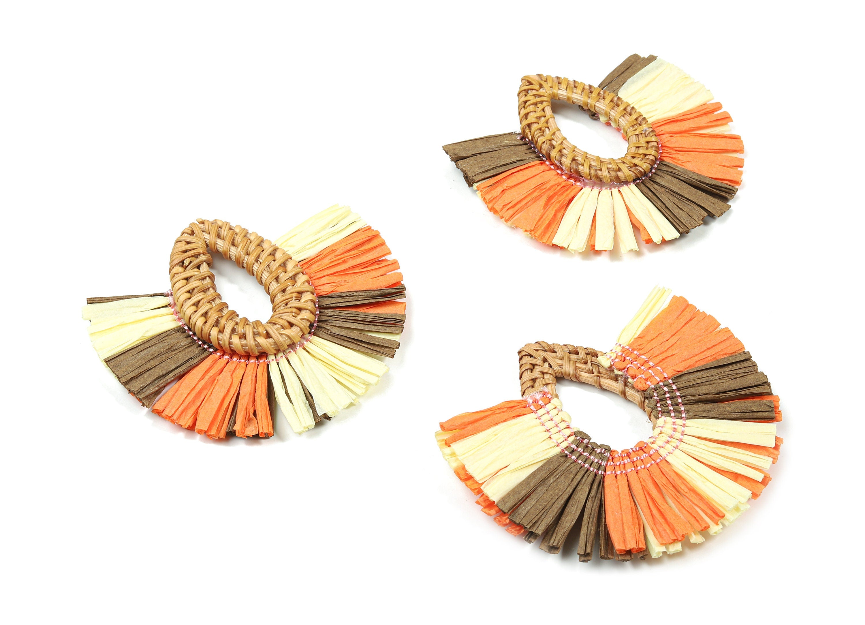 Handwoven Rattan With Raffia Tassels Earring Charms  - Drop Rattan Tassels - Wooden Straw Earring - 72.79x71.06x8.01mm - RT1355 - DOMEDBAZAAR