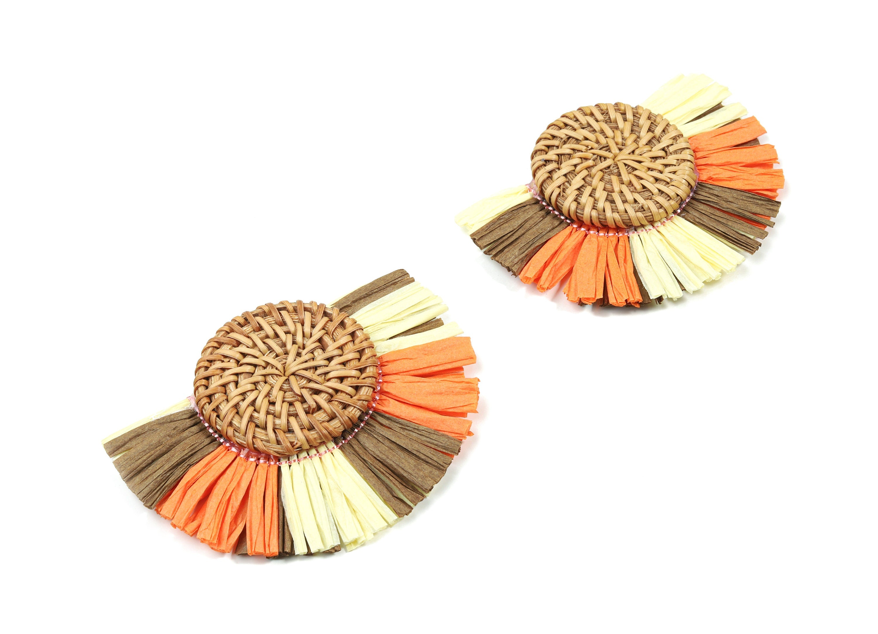 Handwoven Rattan With Raffia Tassels Earring Charms - Round Rattan Tassels - Wooden Straw Earring - 80.66x60.27x7.67mm - RT1356 - DOMEDBAZAAR