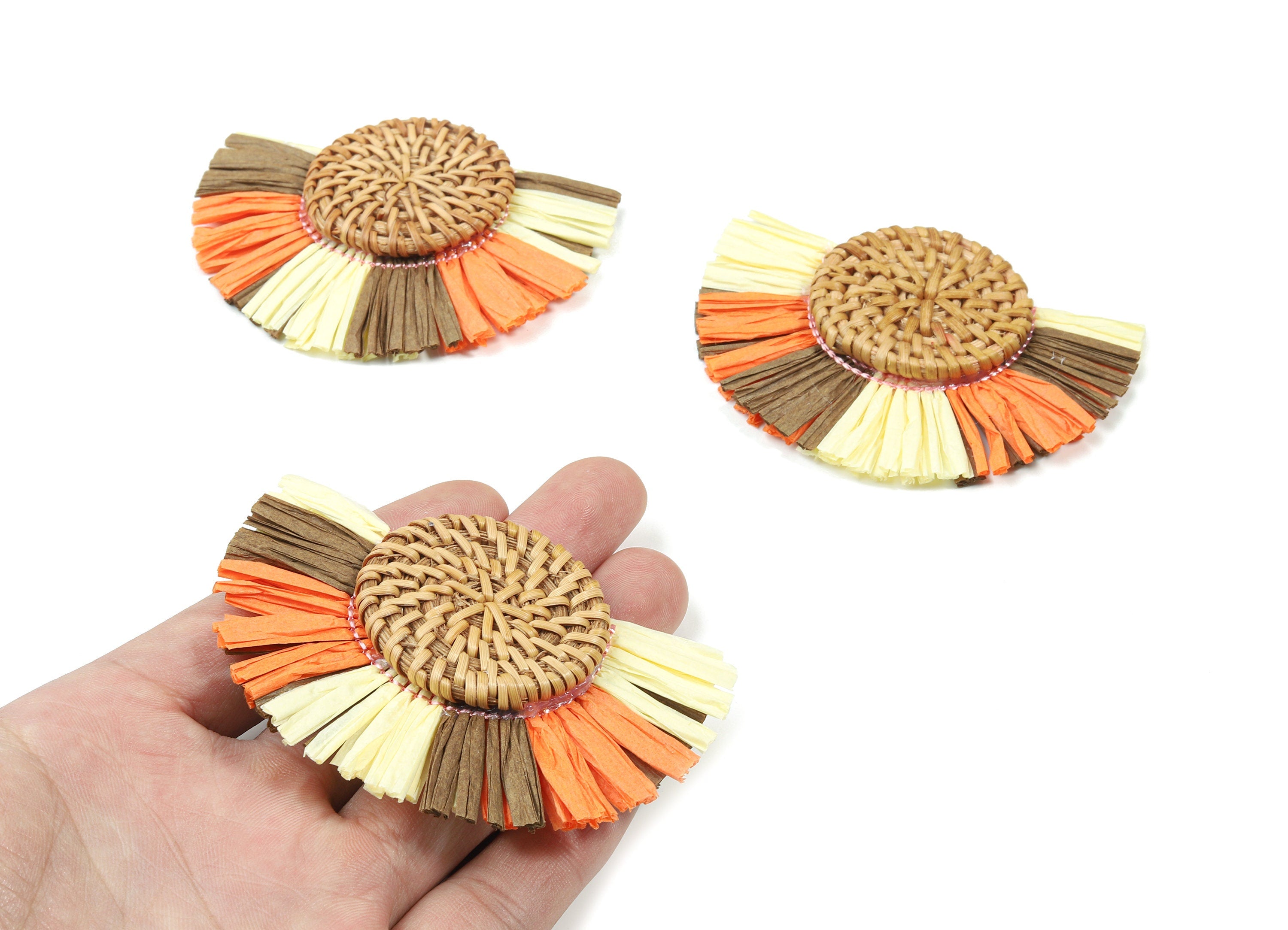 Handwoven Rattan With Raffia Tassels Earring Charms - Round Rattan Tassels - Wooden Straw Earring - 80.66x60.27x7.67mm - RT1356 - DOMEDBAZAAR