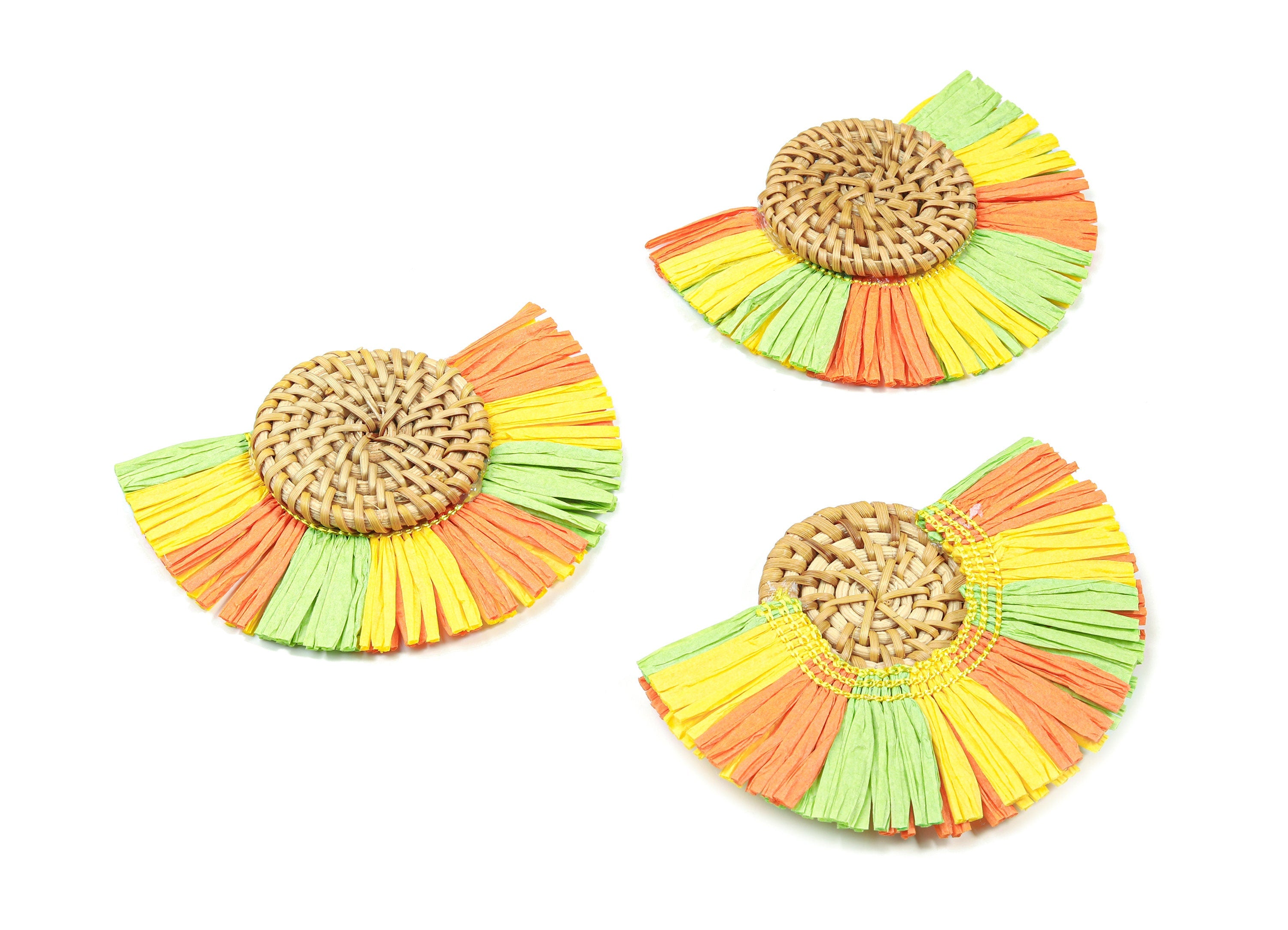 Handwoven Rattan With Raffia Tassels Earring Charms - Round Rattan Tassels - Wooden Straw Earring - 86.5x64.82x7.6mm - RT1357 - DOMEDBAZAAR